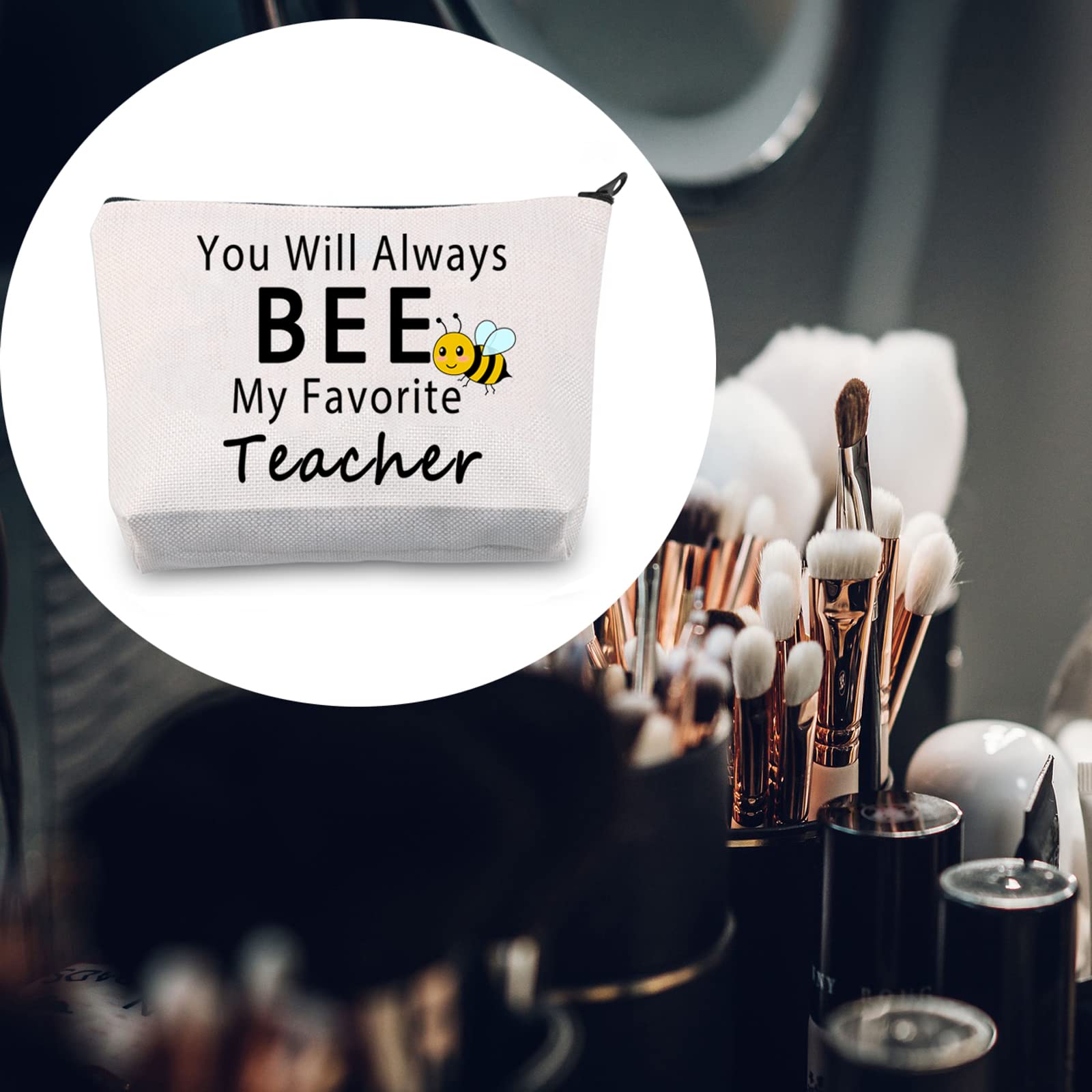 LEVLO Bee Teacher Makeup Bag - Cute Cotton Cosmetic Pouch for Teacher Appreciation Gifts, Best Teacher Gift Idea for Women - Perfect for Classroom Supplies, Travel Essentials & Daily Makeup Storage (You'll Always Bee My Favorite Teacher)