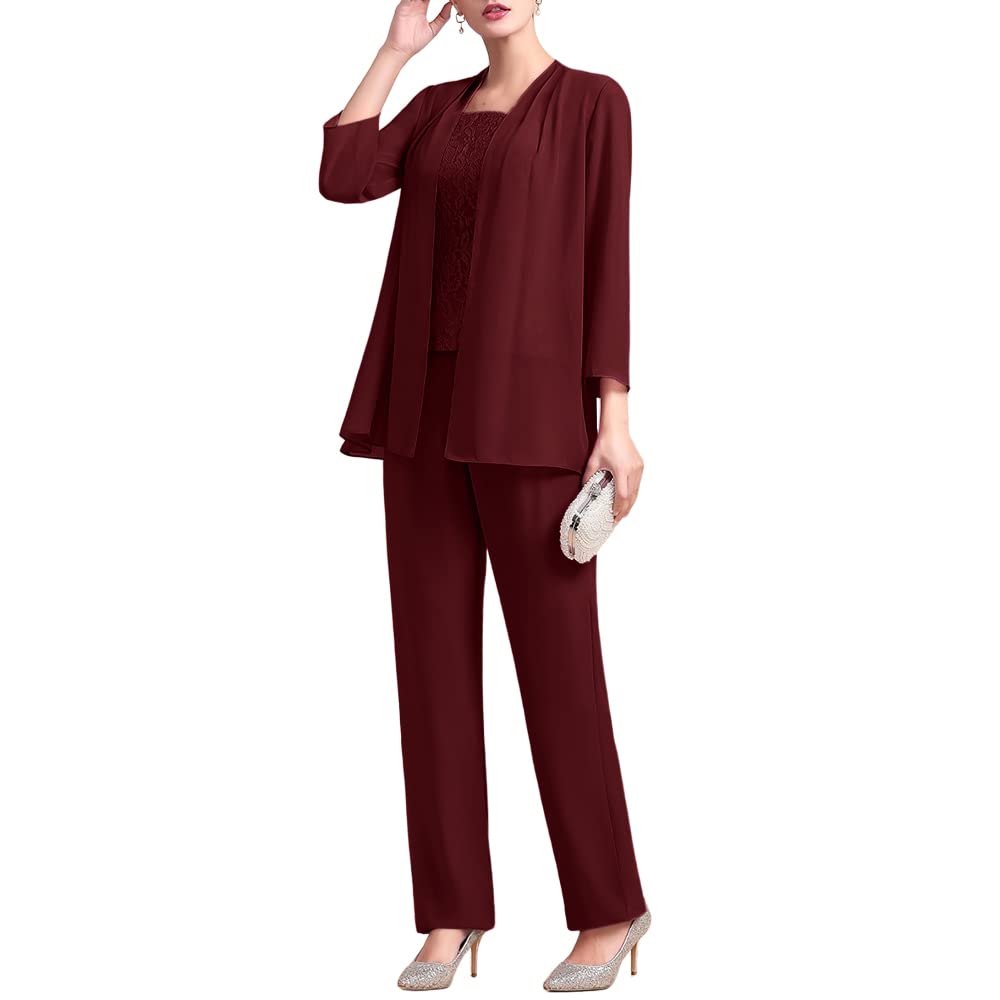 Zongqiven Women's 3-Piece Chiffon Pantsuit Set with Lace Detail - Elegant Mother of the Bride Dress & Wedding Guest Outfit for Formal Evening Occasions