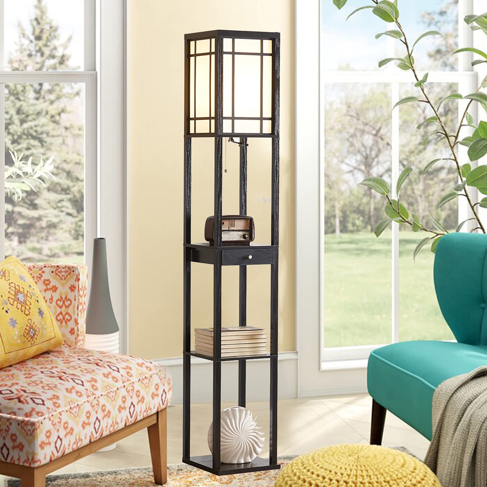 Modern Floor Lamp with Shelves & Drawer - LED Bulb Included, Space-Saving Corner Tower Lamp with Storage, Tall Bookshelf Nightstand Light for Living Room, Bedroom, Office - Perfect for Reading & Home Decor (Black)