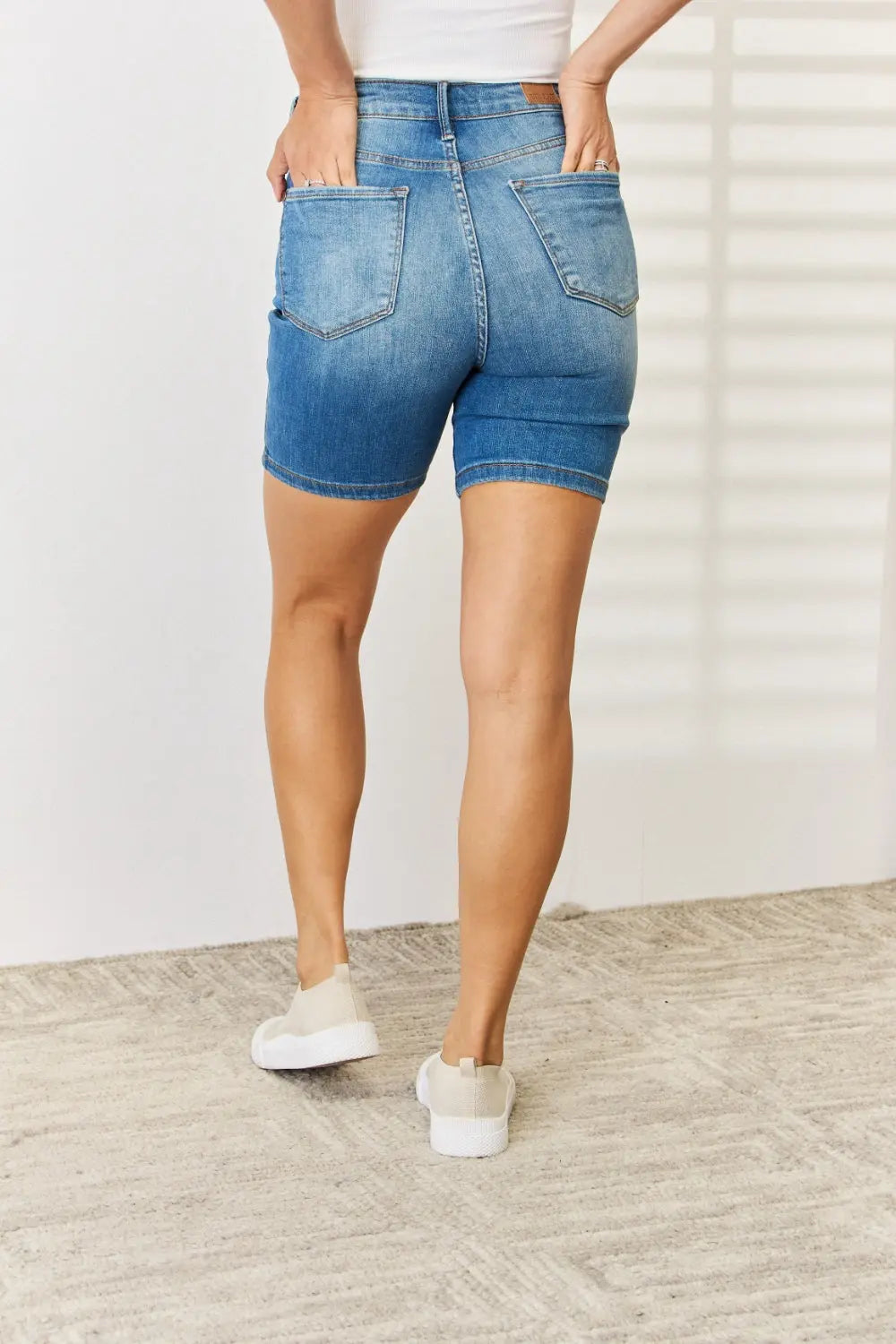 Judy Blue Women's Tummy Control Bermuda Denim Shorts with Double Button Closure - High Waisted Stretch Denim Shorts for Summer, Casual Wear & Beach Outfits