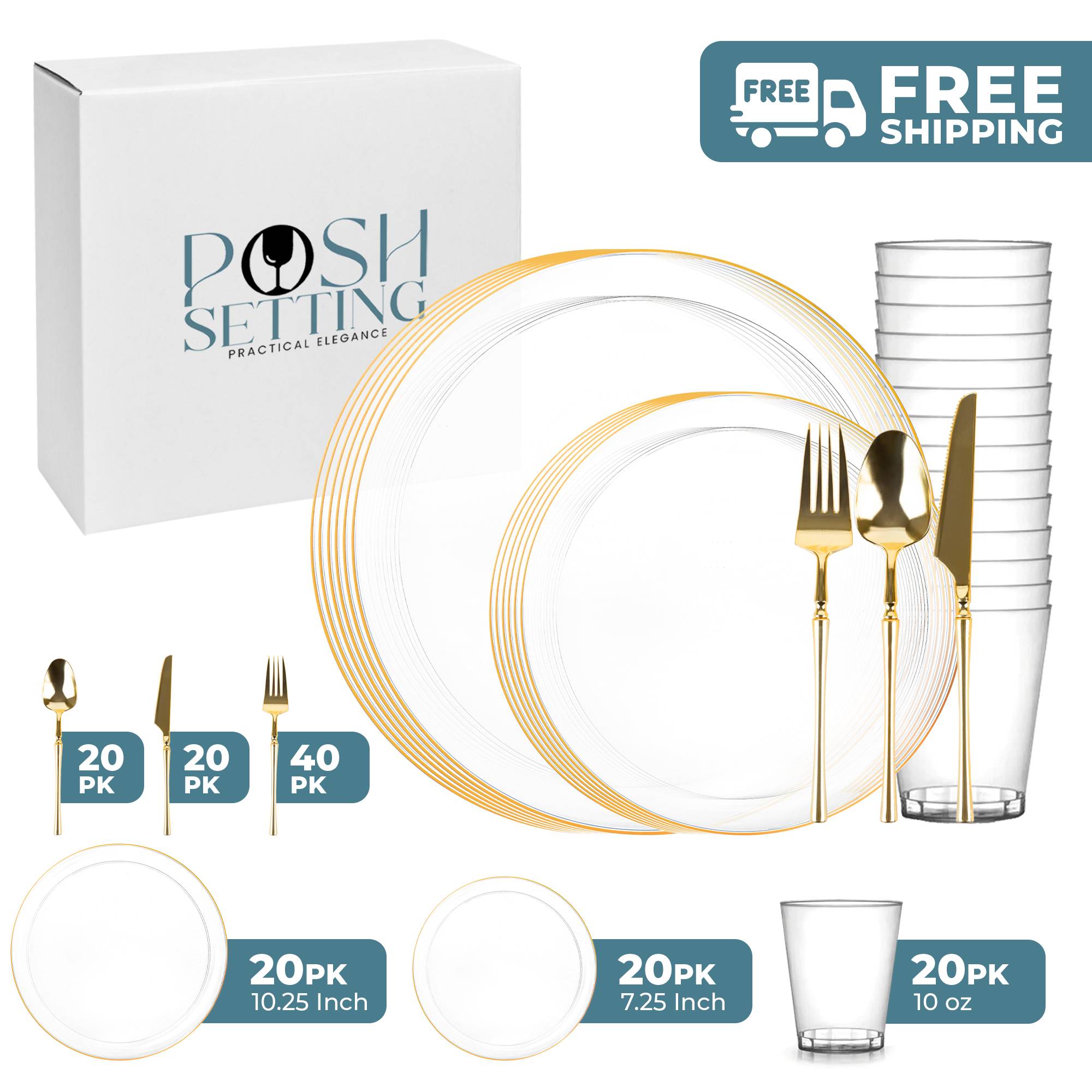 Premium Clear & Gold Plastic Party Bundle - Elegant Disposable Tableware Set for Weddings, Birthdays & Special Events