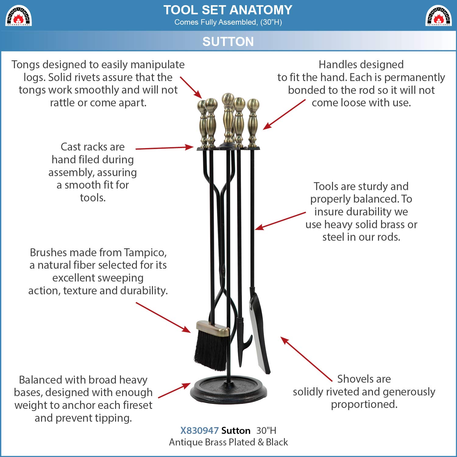 Sutton 5-Piece Fireplace Tool Set - Antique Brass & Black Finish - Heavy Duty Fireplace Accessories for Wood Burning Stoves & Fire Pits - Perfect for Indoor & Outdoor Use