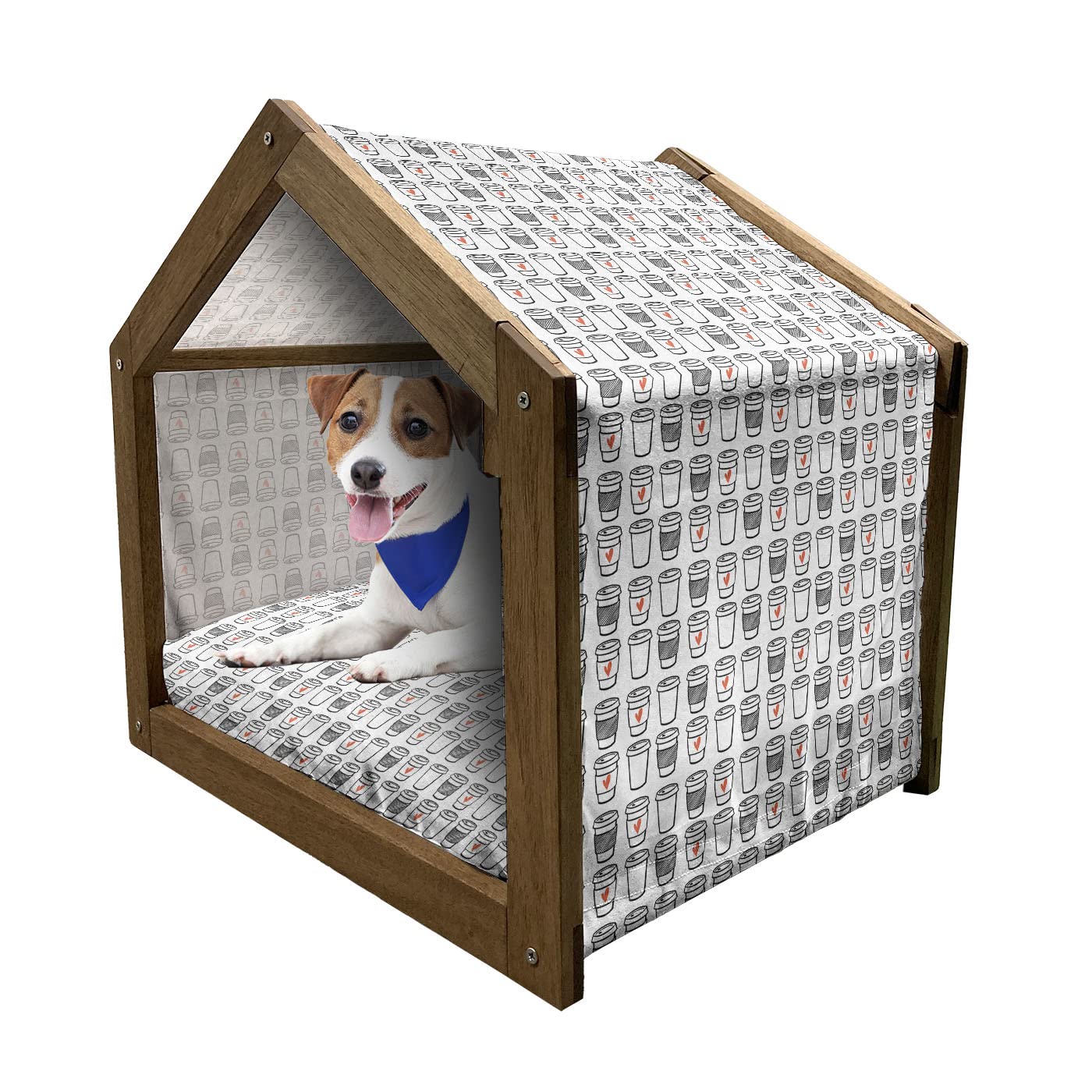 Lunarable Modern Wooden Pet House for Dogs - Stylish Coffee Cup Design with Doodle Stripes & Heart Pattern, Indoor/Outdoor Portable Dog Kennel with Removable Pillow & Cover - Medium Size (Orange, Black, White) - Perfect for Home, Patio, or Travel Use