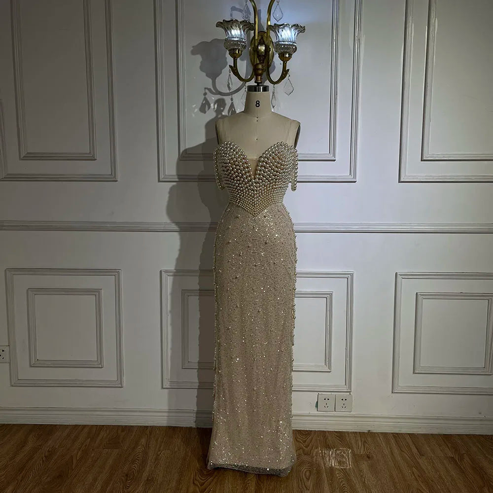Elegant Beaded Pearl Mermaid Evening Dress for Women | Luxury Dubai Wedding Party Gown with Spaghetti Straps | Perfect for Bridal Showers, Galas & Formal Events - LA72393