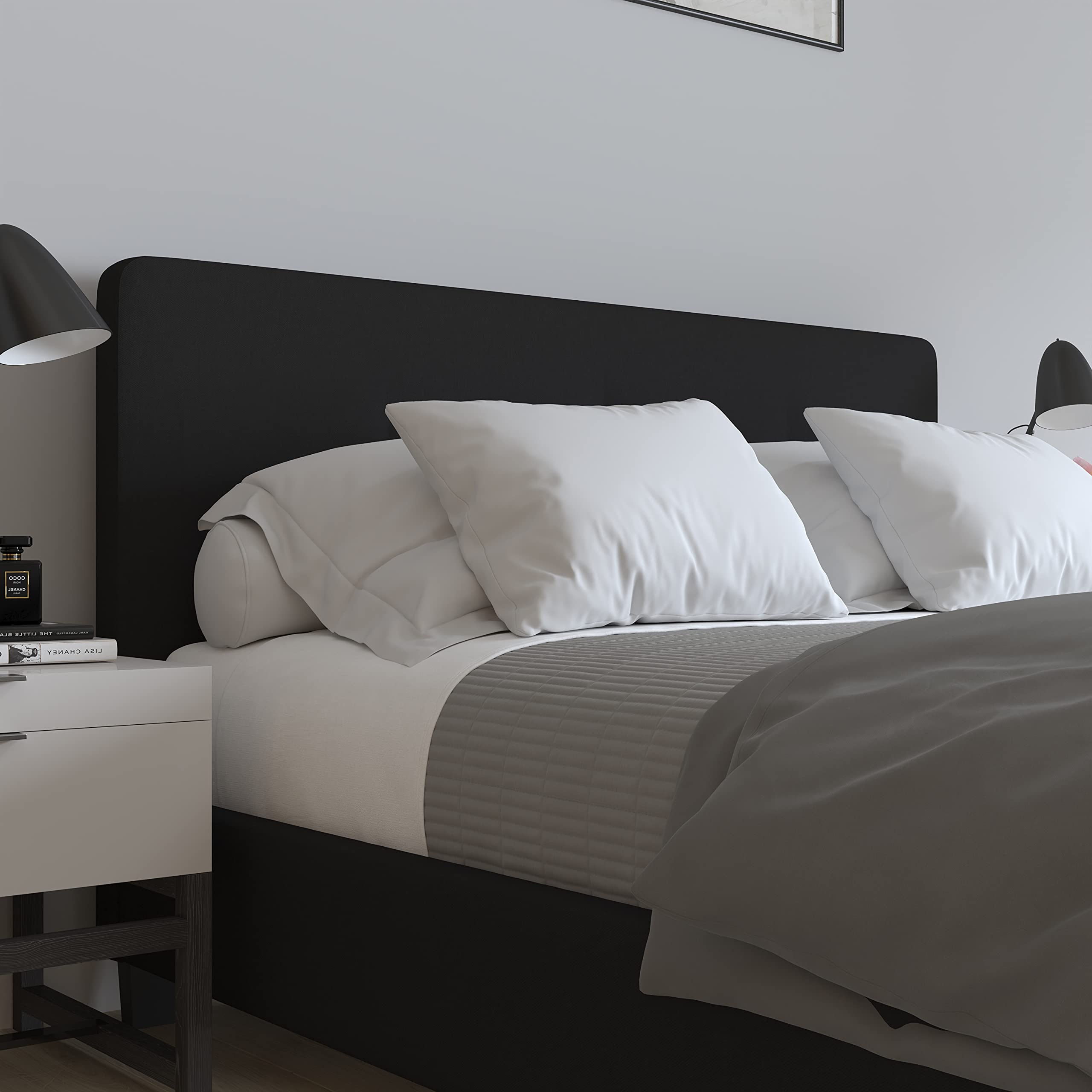 Merrick Lane Clarendon Queen Size Platform Bed - Modern Tufted Upholstered Bed Frame with Footboard in Black Fabric | Perfect for Contemporary Bedrooms & Guest Rooms