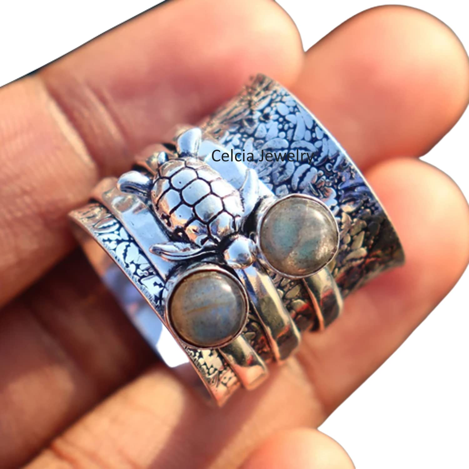 925 Sterling Silver Labradorite Turtle Spinner Ring - Adjustable Fidget Ring for Anxiety Relief, Meditation & Stress Relief - Handmade Gemstone Jewelry for Women & Men (Size 7) - Perfect for Yoga, Mindfulness & Everyday Wear