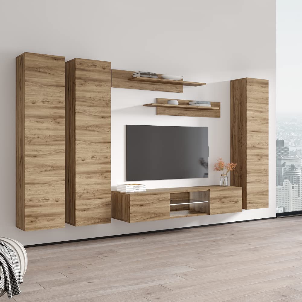 Modern Oak Wall-Mounted TV Stand with Storage Shelves & LED Lights - Floating Entertainment Center Console for Living Room & Bedroom - Space-Saving Media Storage Solution for TVs up to 33