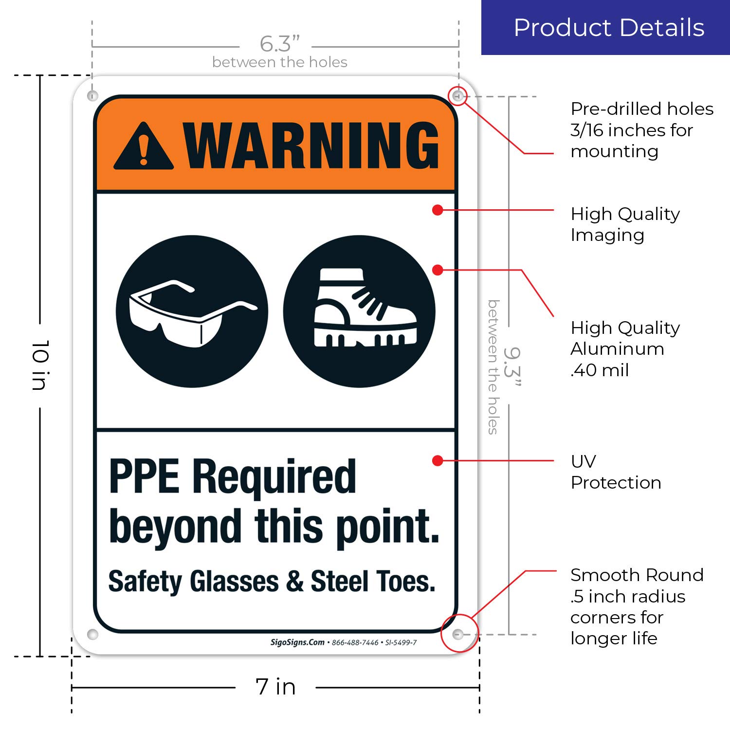 ANSI Warning Sign - PPE Required Beyond This Point Safety Glasses & Steel Toes Sign | 10x7 Inches Rust-Free .040 Aluminum | Fade-Resistant for Indoor/Outdoor Use | Made in USA | Workplace Safety & Construction Site Signage