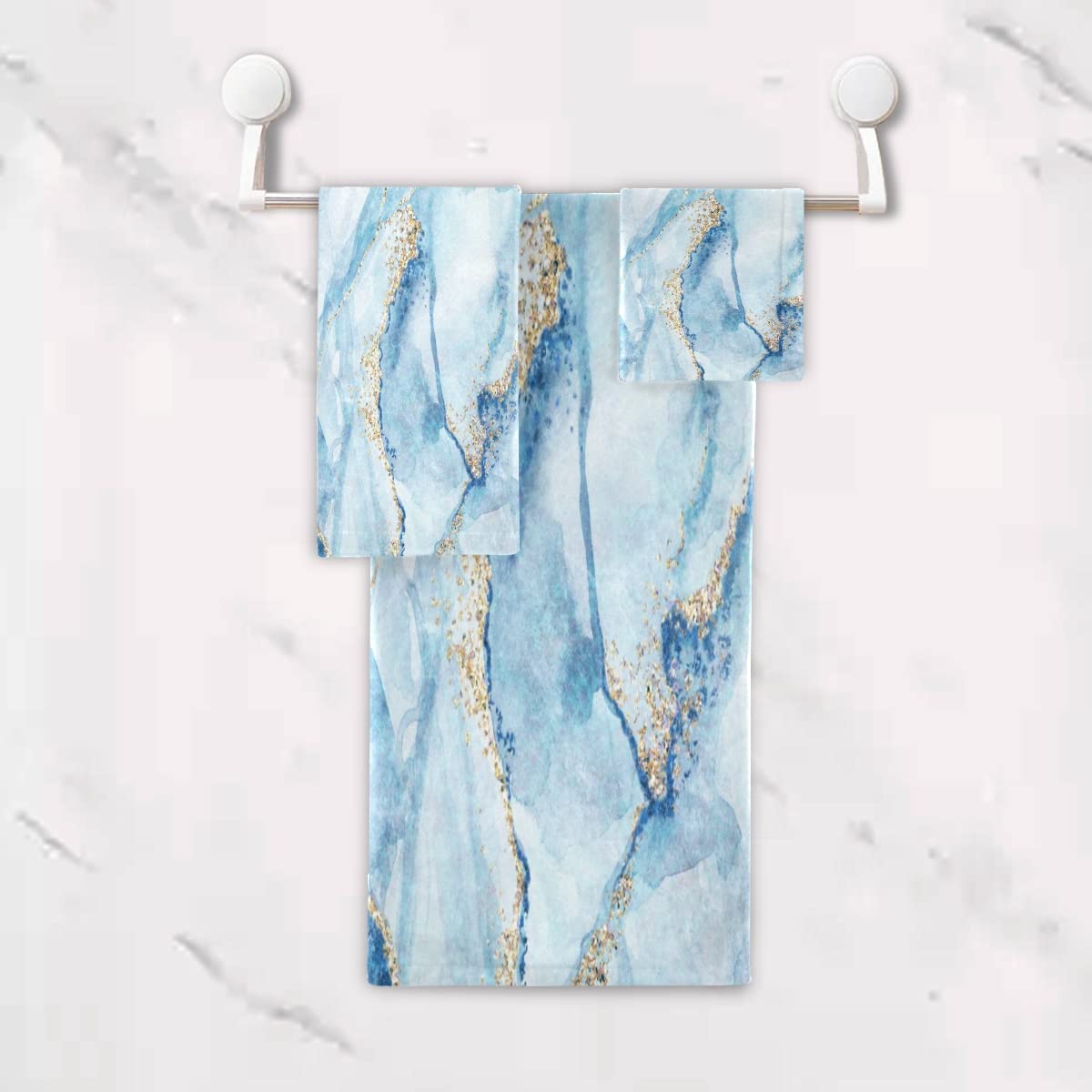 Premium Sky Blue Marble with Gold Bath Towels Set of 3 - Super Absorbent, Soft & Luxurious for Bathroom, Spa, Beach, Gym & Pool Use - Quick Dry Decorative Towel Collection for Home & Travel