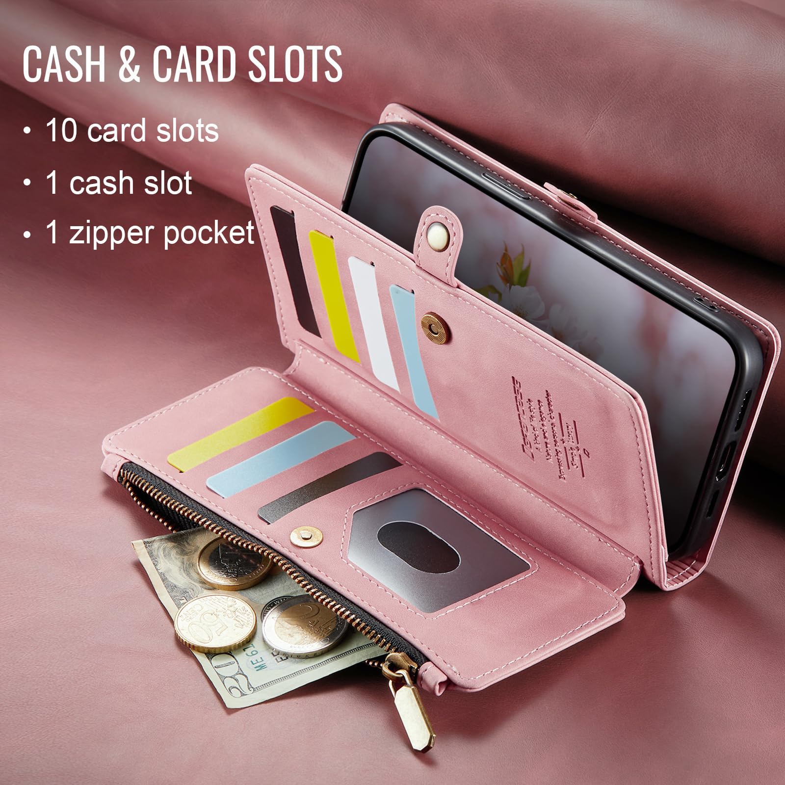 RFID Blocking PU Leather Magnetic Flip Wallet Phone Case for iPhone 12 Pro Max - Compatible with iPhone 12 Pro Max Case with Card Holder for Women & Men, Rose Pink | Perfect for Everyday Use, Travel Protection & Contactless Security