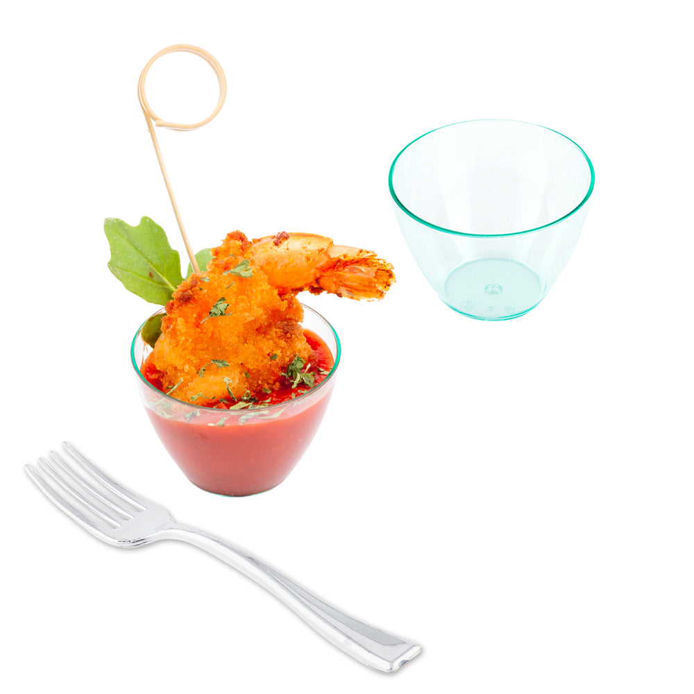 100-Pack 2 oz Seagreen Plastic Mini Tasting Bowls with 100 Silver Plastic Mini Forks - Perfect for Party Appetizers, Wedding Favors, and Dessert Sampling