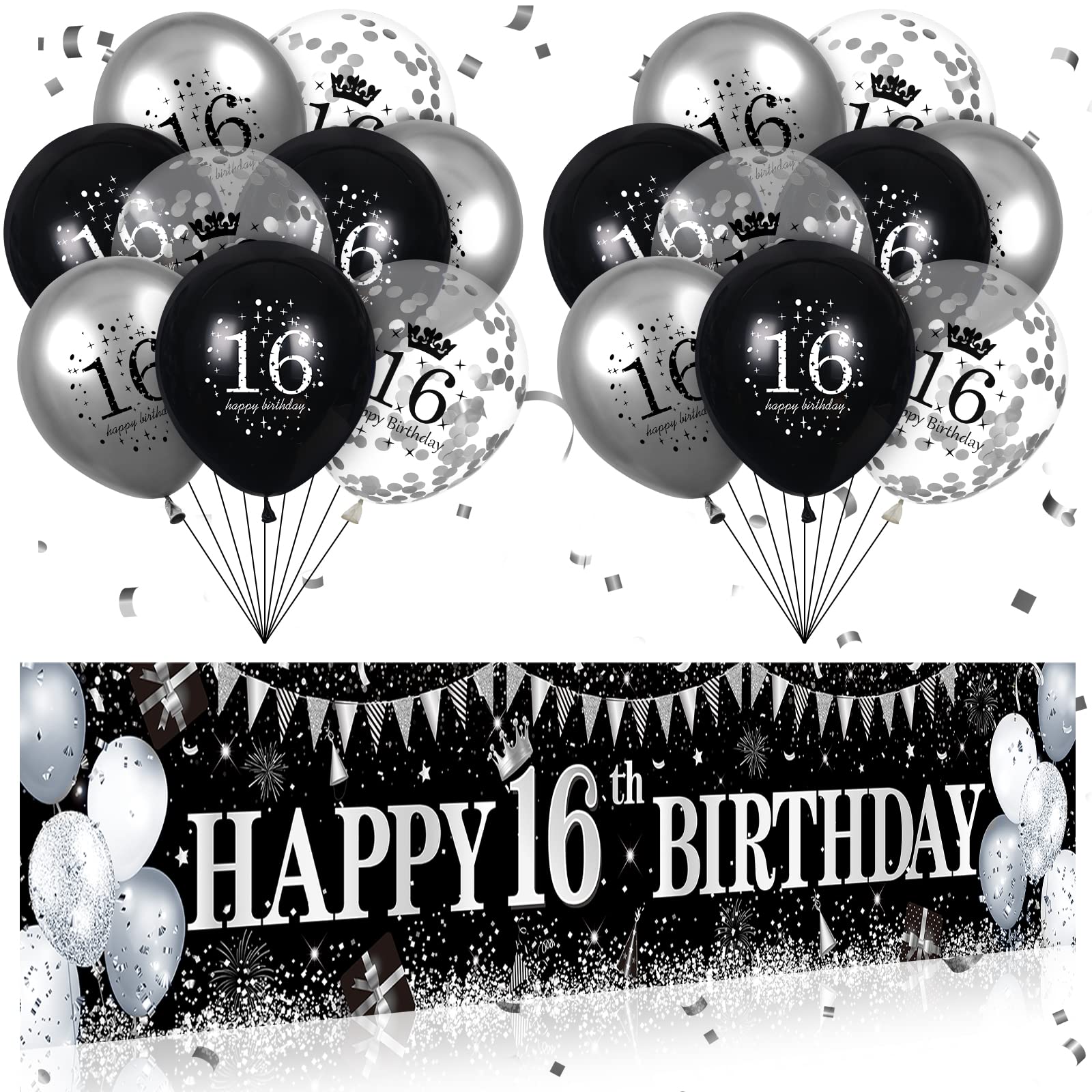 Black & Silver Happy 16th Birthday Decorations Set - Banner Yard Sign & 18Pcs Balloons for Boys Girls Sweet 16 Party Supplies | Perfect for Birthday Anniversaries, Teen Celebrations & Milestone Decor