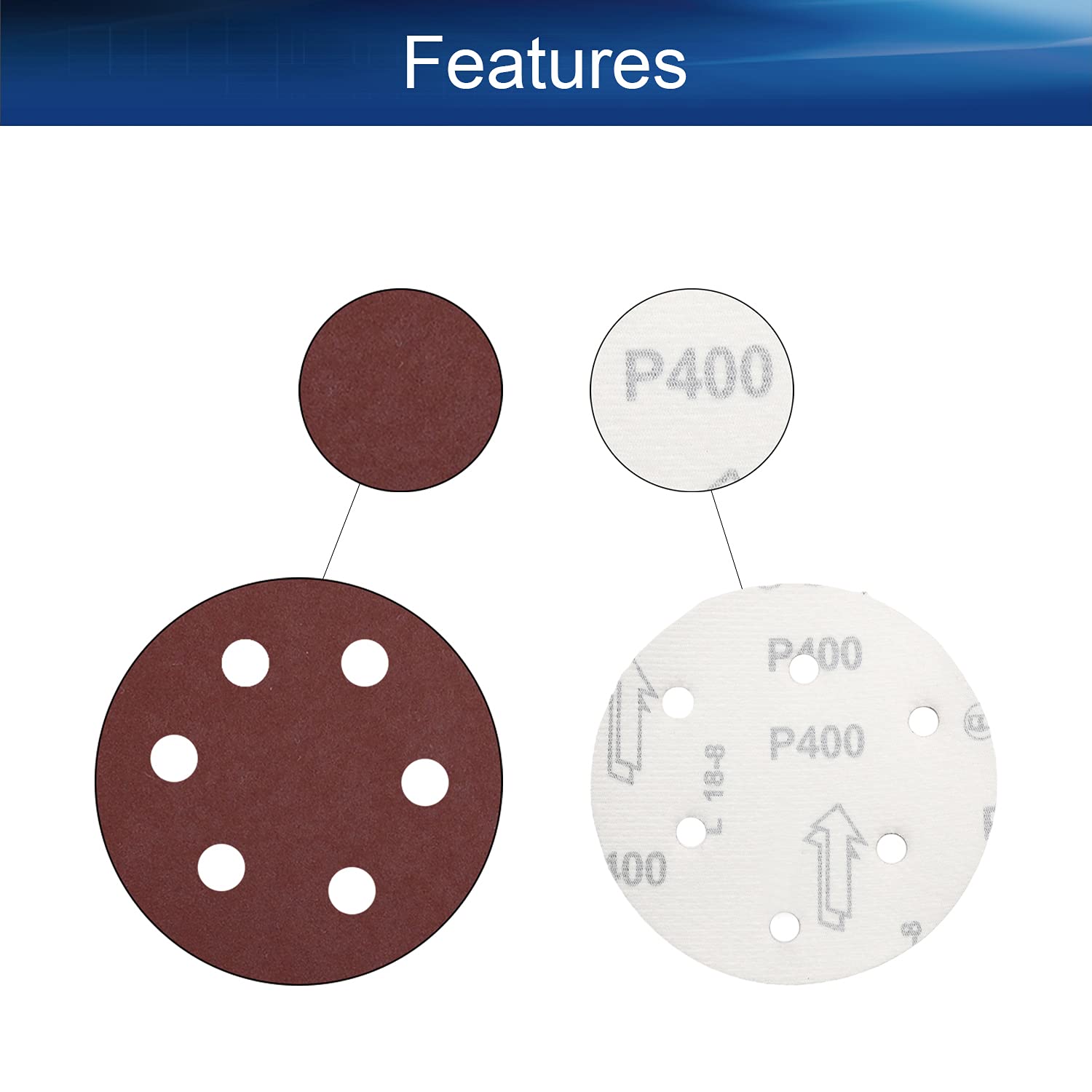 50PCS 400 Grits 5-Inch Hook and Loop Sanding Discs with 6-Hole, Aluminum Oxide Round Flocking Sandpaper for Angle Grinder, Woodworking, Metal Polishing - Perfect for DIY Projects and Professional Use