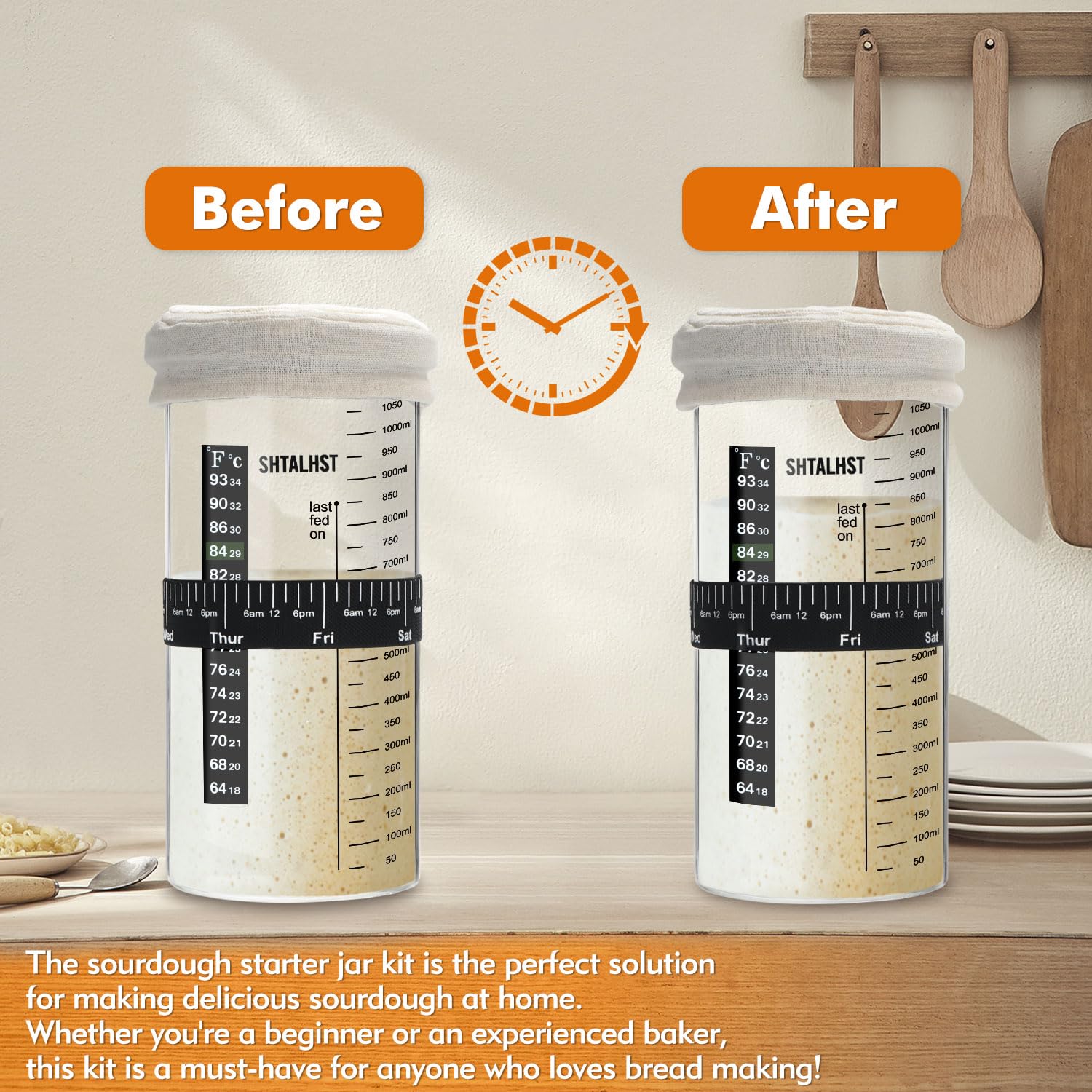 Sourdough Starter Kit - 1100ml/39Oz Glass Jar with Stainless Steel Lid, Thermometer & Silicone Scraper | Includes Cloth Cover & Date Marked Feeding Band (2 Pack) | Perfect for Homemade Bread Baking, Artisan Sourdough & Fermentation