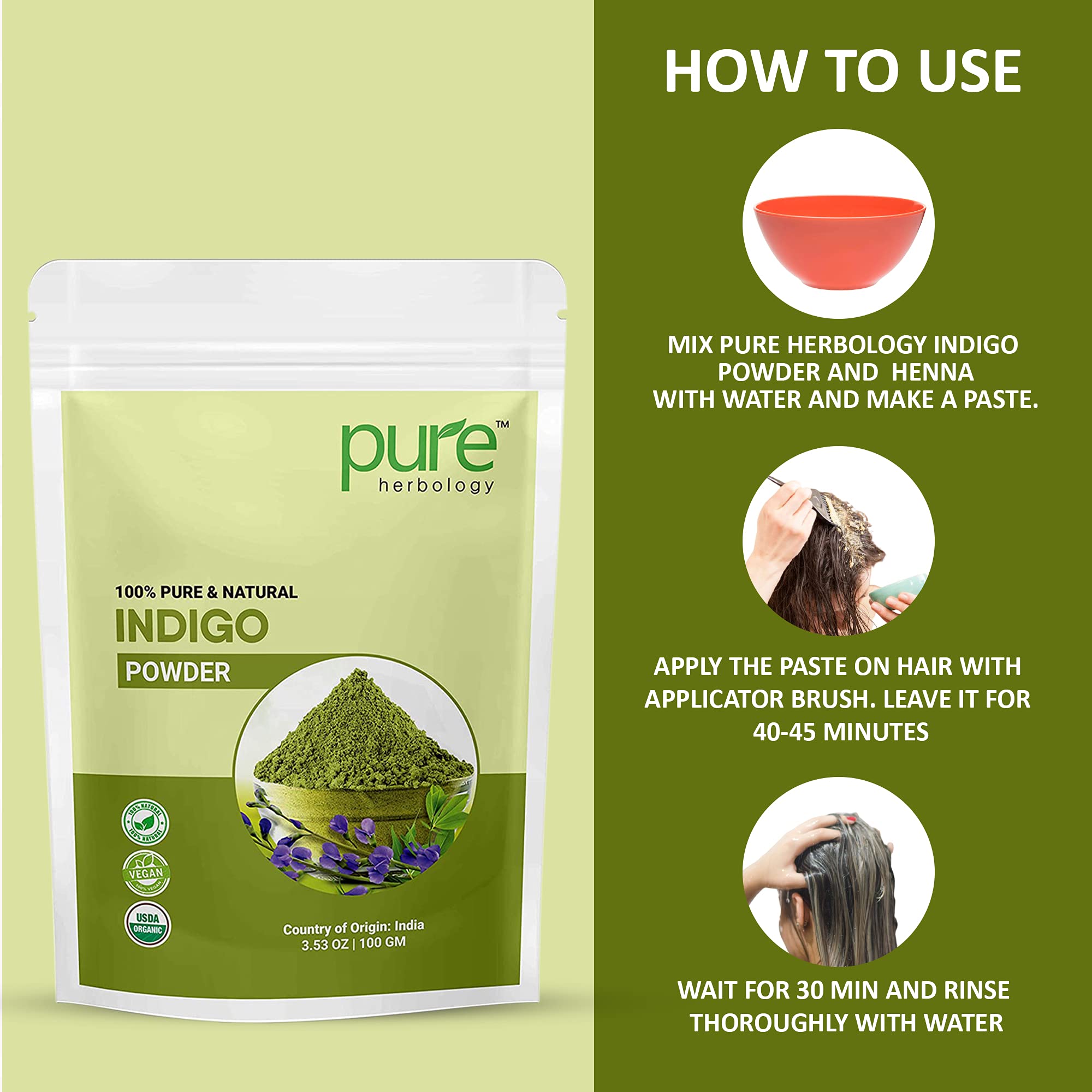 Pure Herbology Natural Indian Indigo Powder for Hair Care - 100g | Chemical-Free Hair Dye & Gray Coverage | DIY Herbal Hair Coloring & Conditioning Treatment for Natural Hair Growth