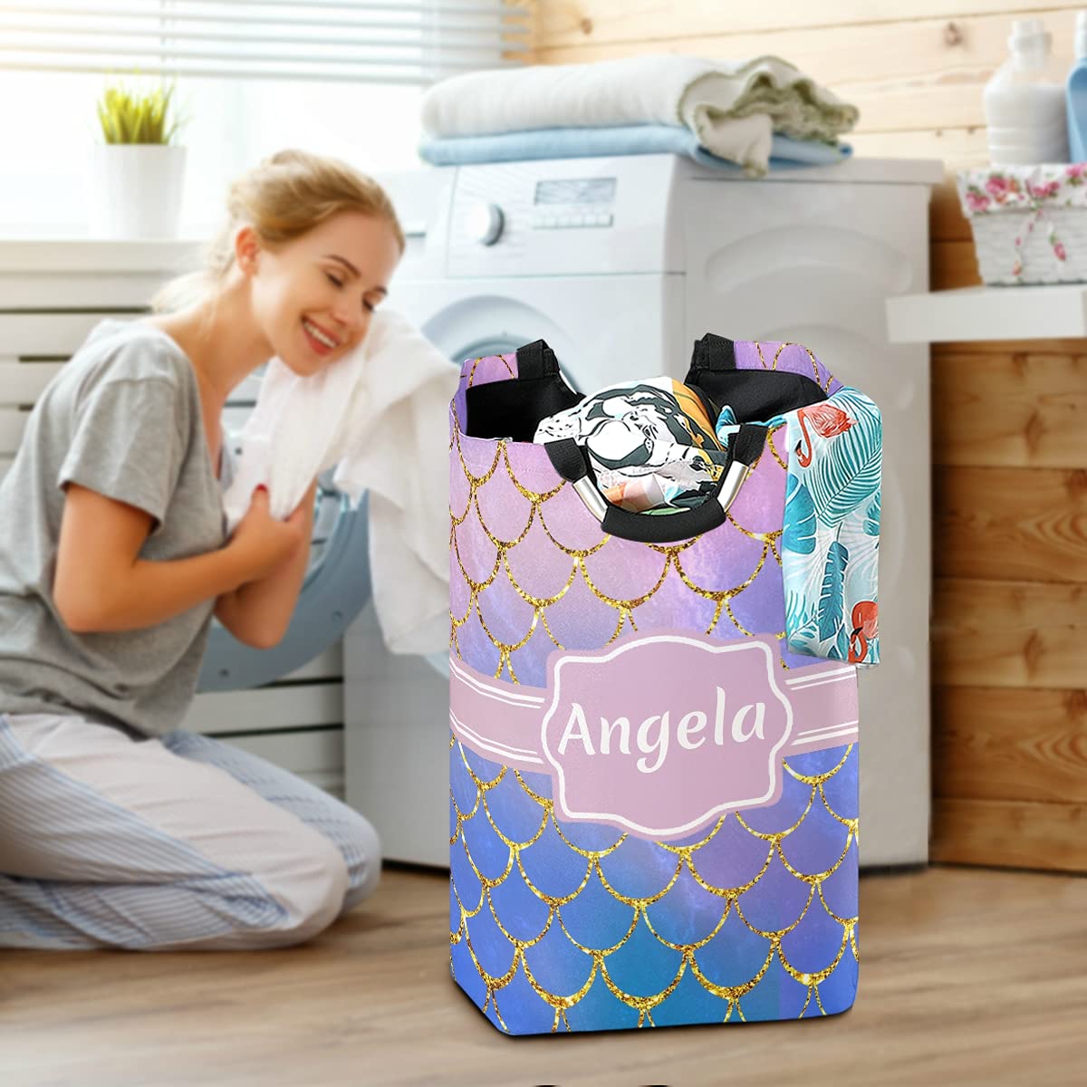 DOMIKING Custom Laundry Hamper - Personalized Collapsible Storage Basket with Mermaid Scales Design, Kids Room Organizer for Clothes, Toys & Dorm Essentials | Perfect for Nursery, Bedroom & College Dorm Organization