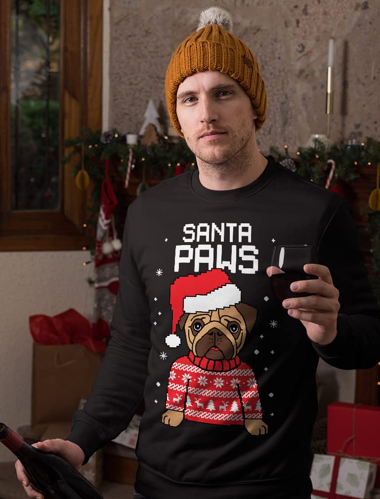 Santa Paws Christmas Sweater for Men - Funny Pug Ugly Xmas Sweatshirt | Holiday Party, Family Gathering & Festive Outfit