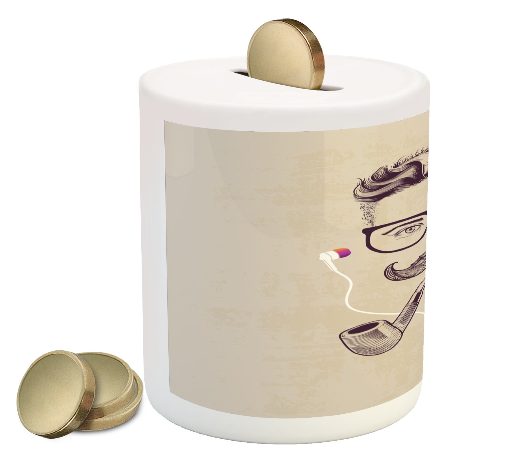 Lunarable Ceramic Piggy Bank - Mustache Hipster Guy with Glasses, Smoking & Earphones - 3.6