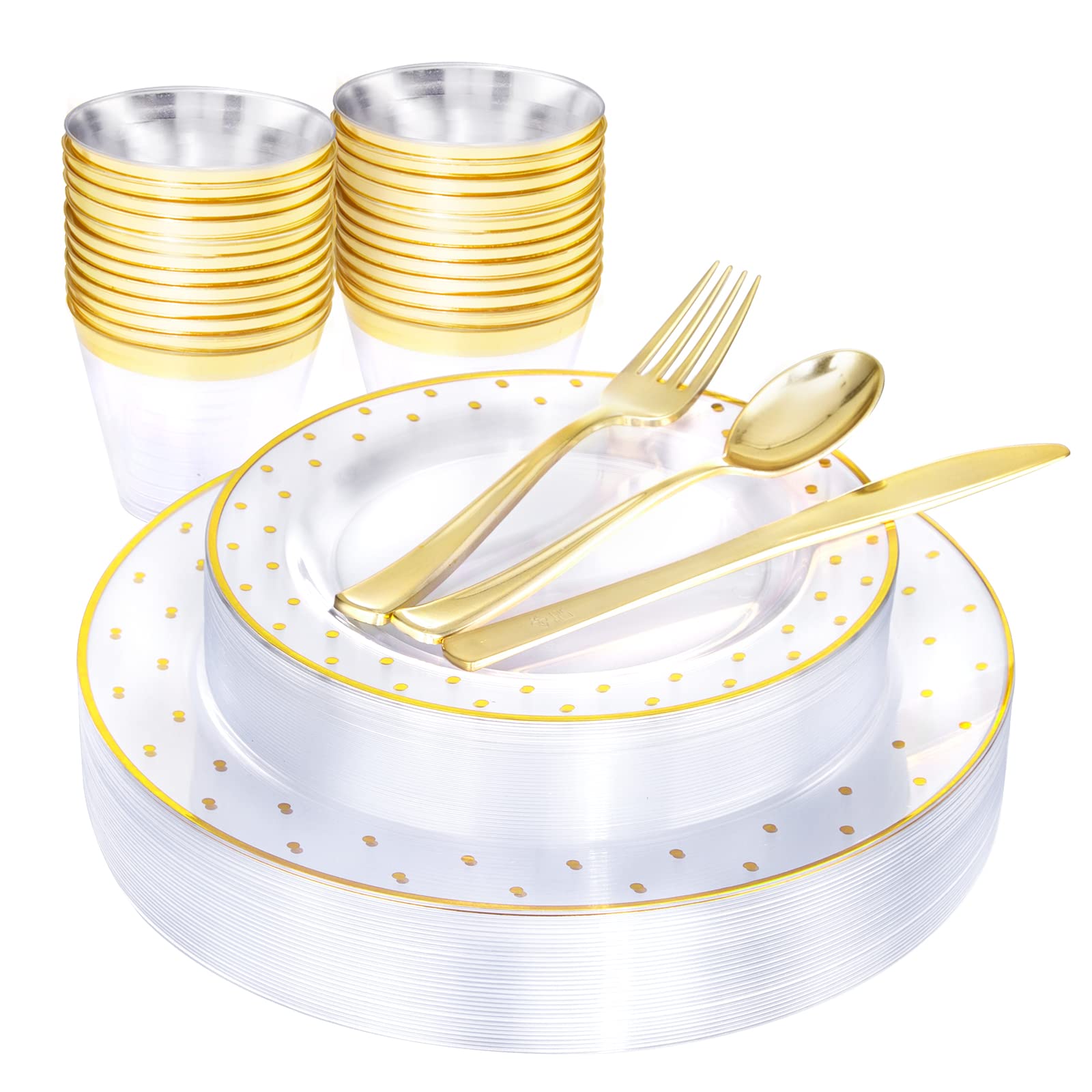 BUCLA 150-Piece Thanksgiving Dinnerware Set - Gold Trim Clear Plastic Plates & Disposable Silverware Kit (25 Dinner Plates, 25 Dessert Plates, 25 Cups, 25 Forks, 25 Knives, 25 Spoons) - Elegant Disposable Tableware for Holiday Parties, Family Gatherings & Special Events