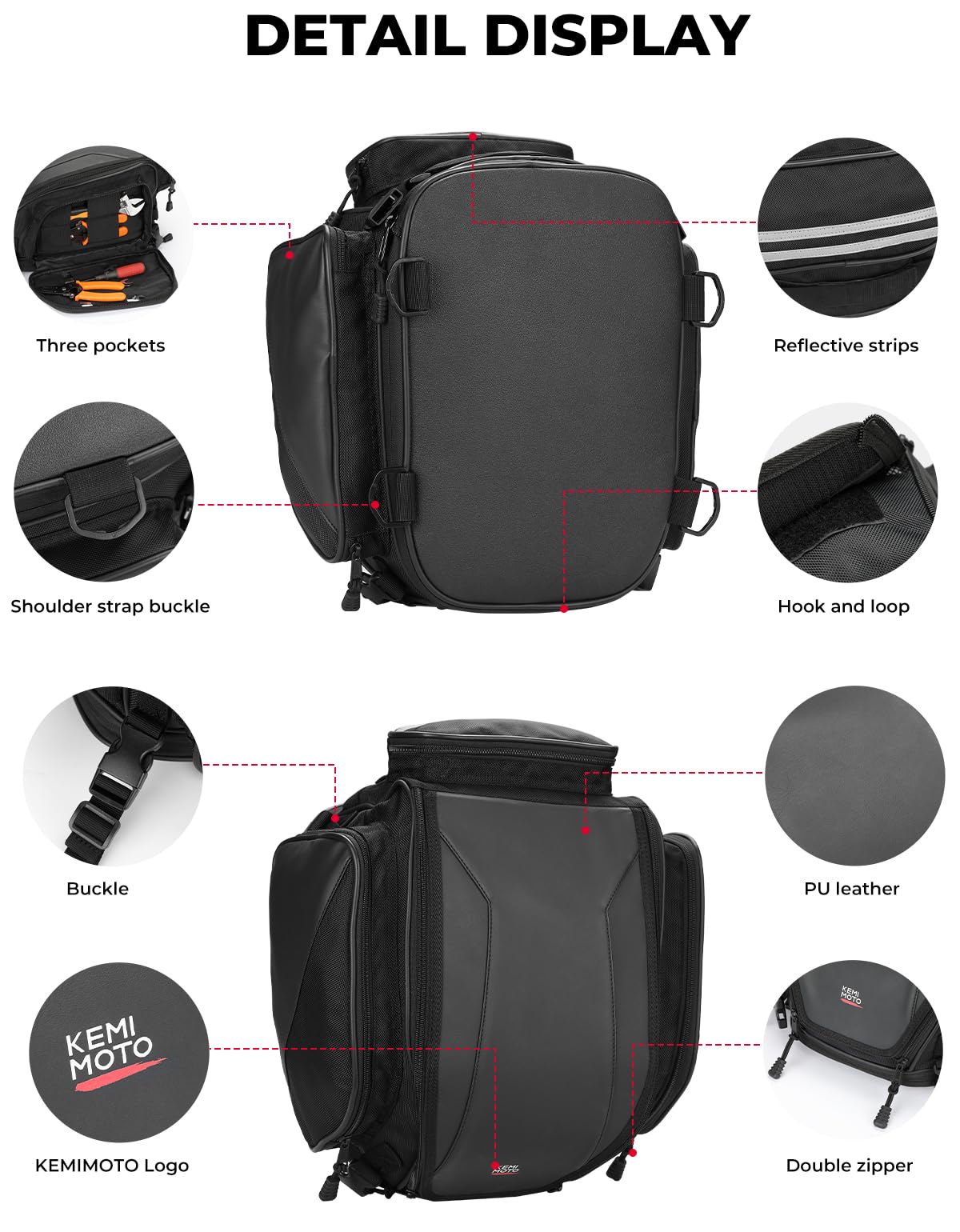KEMIMOTO 18-22L Expandable Waterproof Motorcycle Tail Bag - Sissy Bar Luggage Seat Travel Rear Rack Bag for Harley Sportster, Softail, Dyna, Touring & Honda Shadow, Kawasaki Vulcan - Perfect for Long Rides, Commuting & Adventure Touring