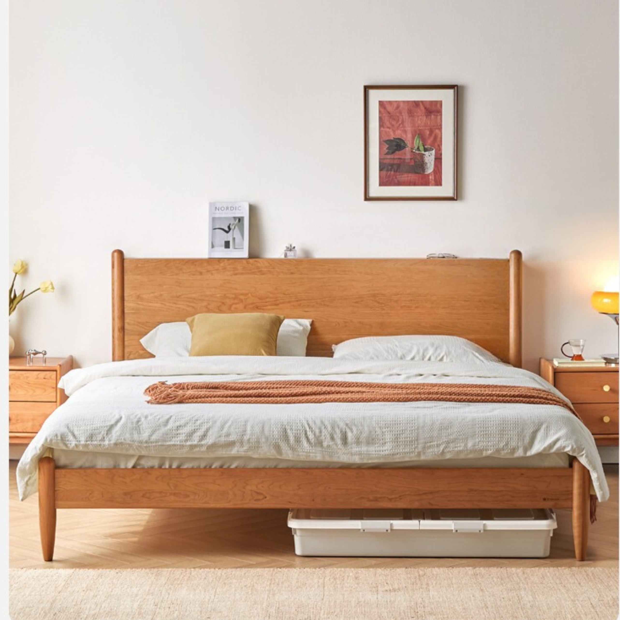 Solid Oak, Black Walnut & Cherry Wood Bed Frame - Handcrafted Queen Size Wooden Bed with Sturdy Slat Support - Perfect for Master Bedroom, Guest Room or Rustic Cabin Decor