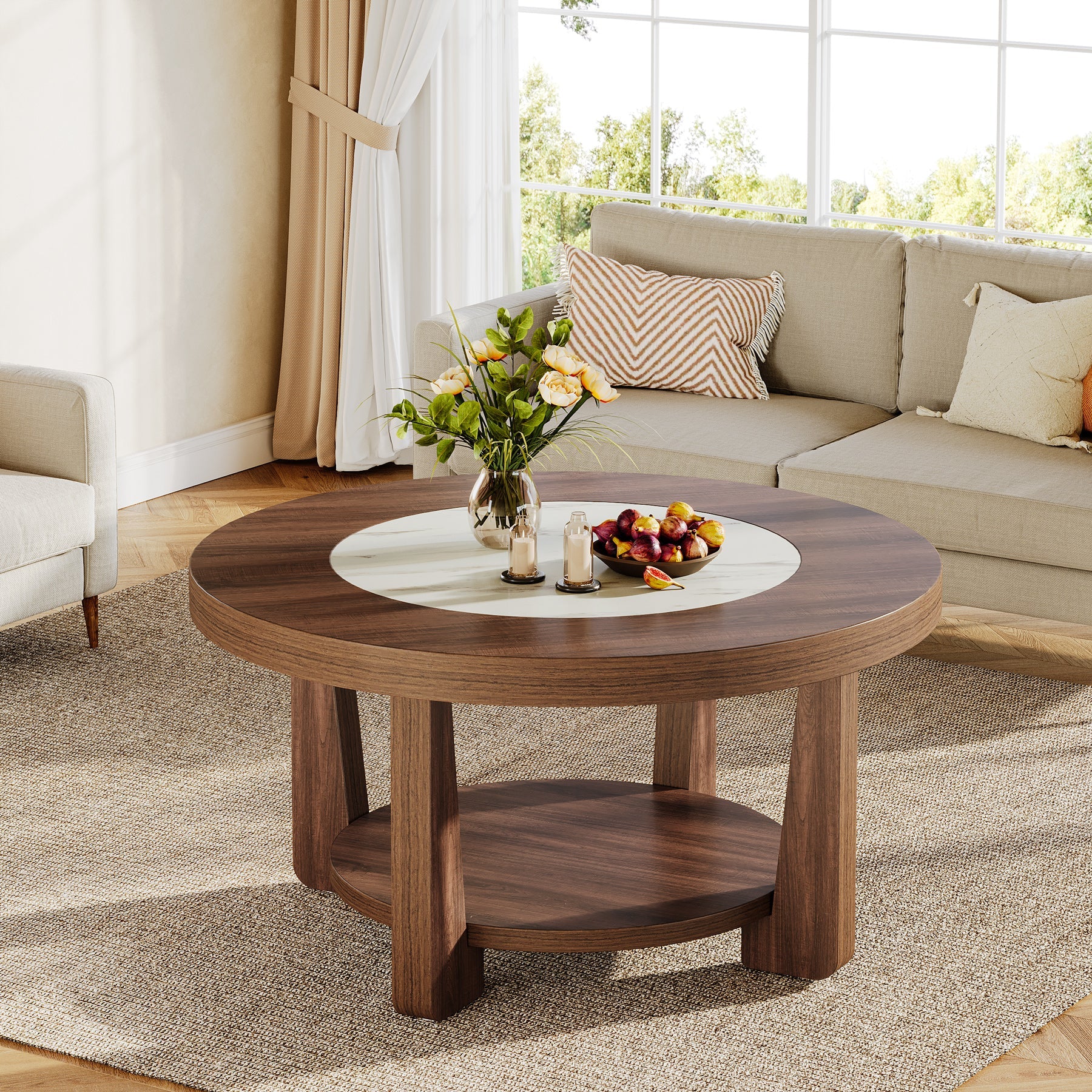 2-Tier Round Wood Coffee Table - Modern Accent & Center Table for Living Room, Bedroom, or Office Decor