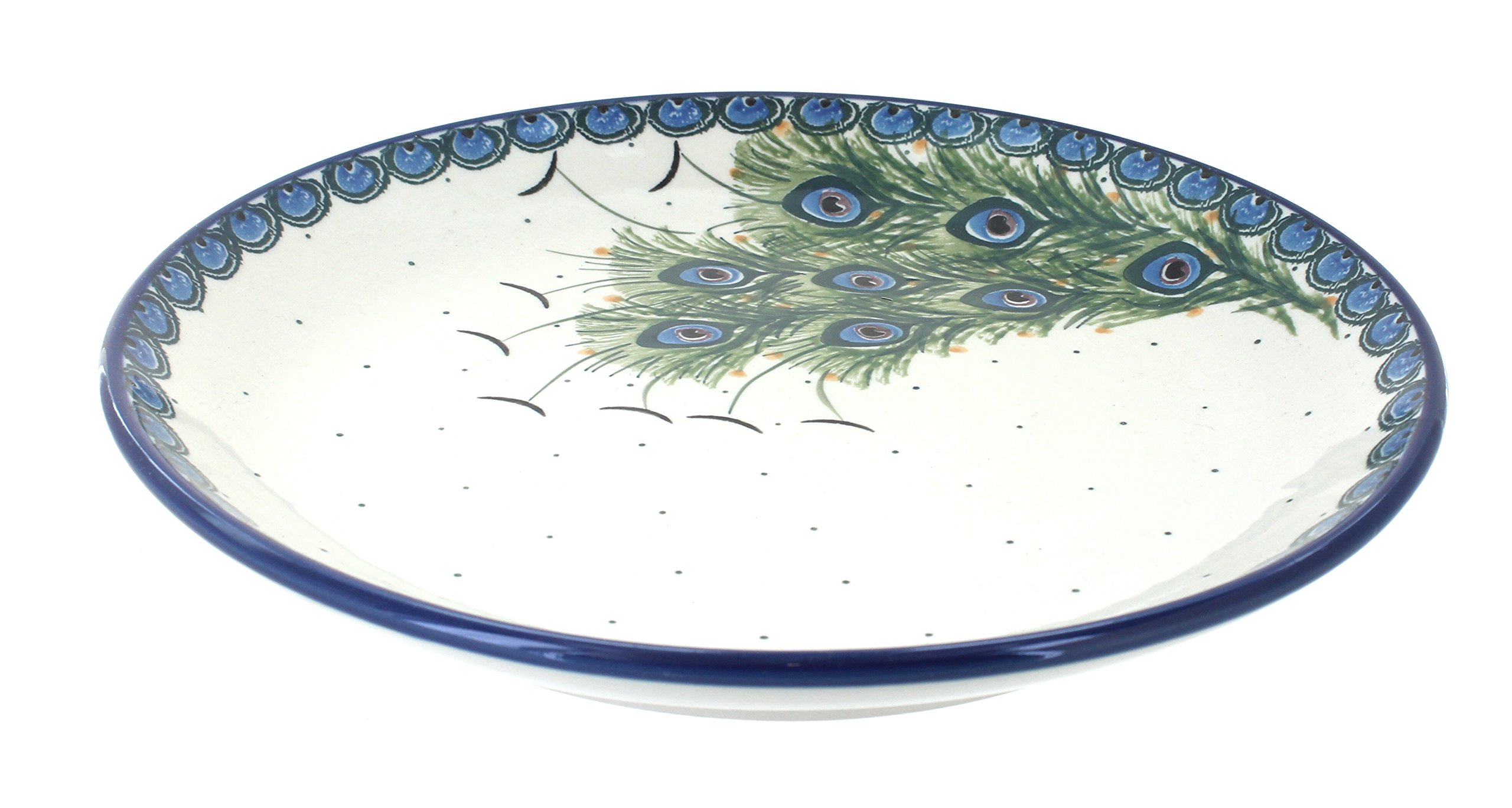 Handmade Blue Rose Polish Pottery Peacock Feather Dinner Plate - Elegant Ceramic Dish for Fine Dining, Wedding Decor & Special Occasions