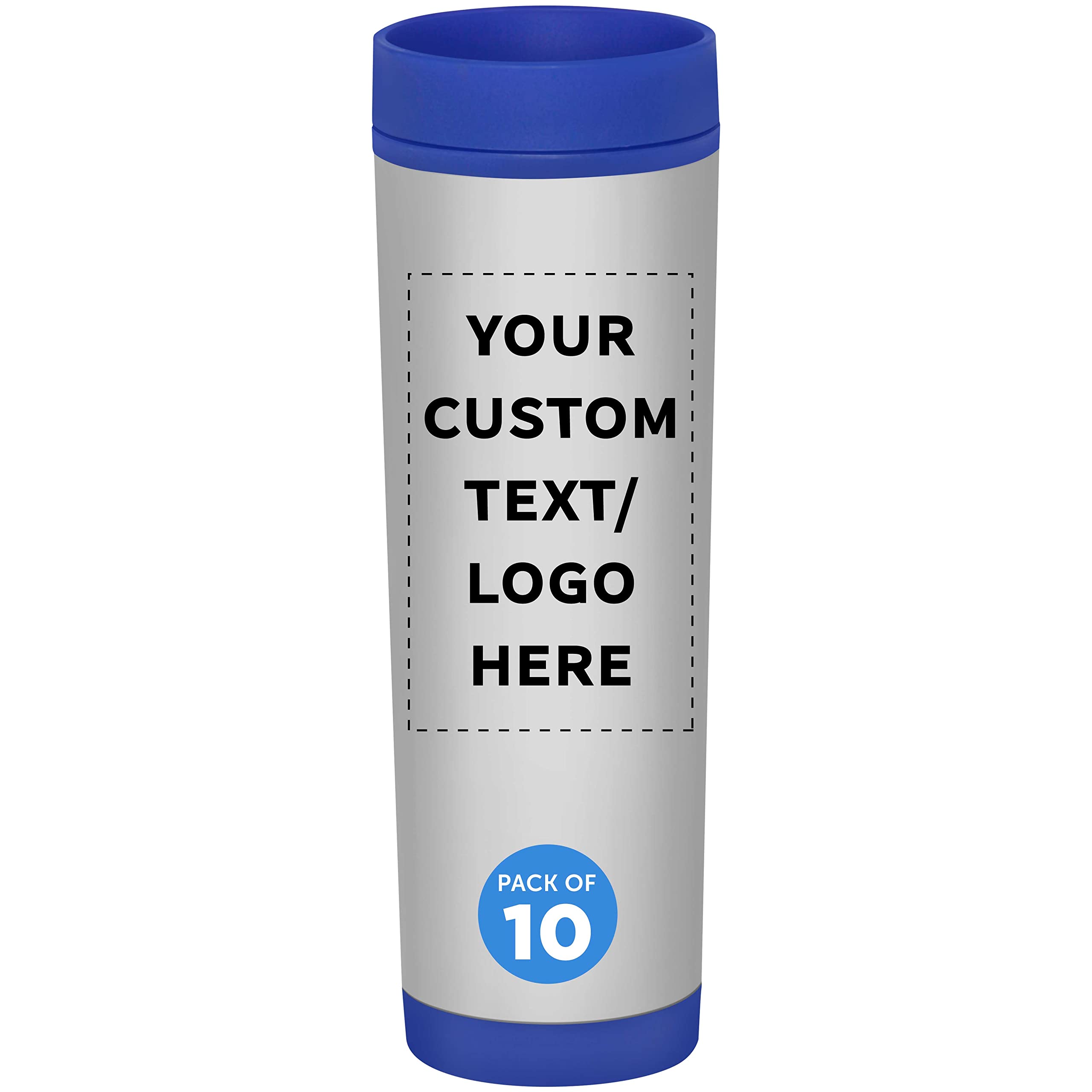 Custom Slim Color Top Stainless Steel Travel Mug 16 oz (Set of 10) - Personalized Bulk Pack for Coffee, Tea, Soda & Beverages - Vacuum Insulated Hot & Cold Tumbler - Office, Camping, Travel, Gift Idea - Blue