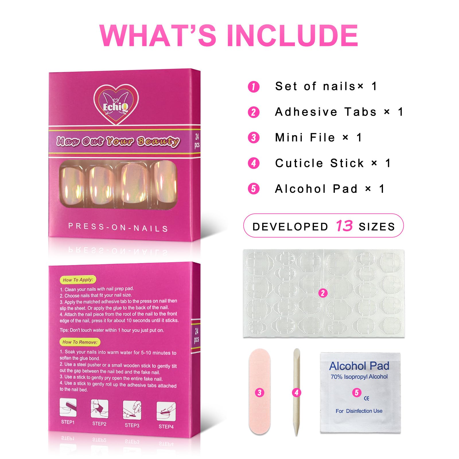 24pcs Unicorn Chrome Press On Fake Nails - Short Iridescent Pink Acrylic False Nails with Glue & Stickers | Full Cover Nail Art Designs for Parties, Weddings, Daily Wear & Special Occasions