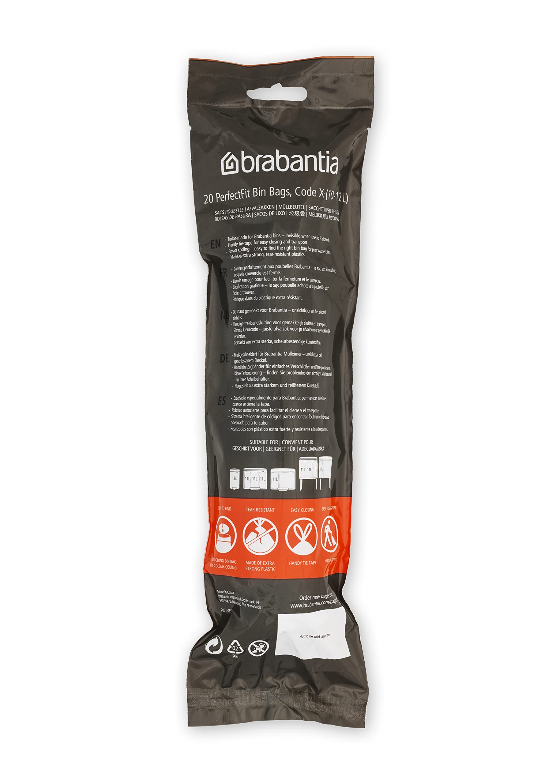 Brabantia PerfectFit Trash Bags - 200 Count Drawstring Kitchen Trash Can Liners (2.6-3.2 Gallon) - Thick Plastic Garbage Bags for Home, Office & Bathroom Waste Disposal