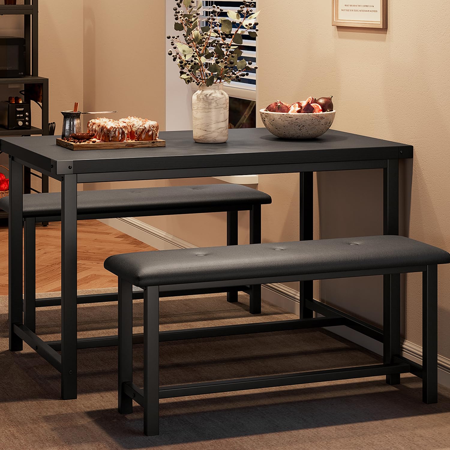 4-Piece Rustic Black Dining Table Set with Upholstered Benches - Rectangular Kitchen Table for Small Spaces & Apartments | Perfect for Family Meals, Entertaining Guests & Cozy Breakfast Nooks