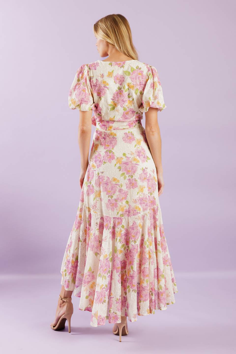 Pink Floral High Low Lace Wrap Midi Dress for Women - Elegant Coffee Run Outfit for Brunch, Date Night & Summer Parties