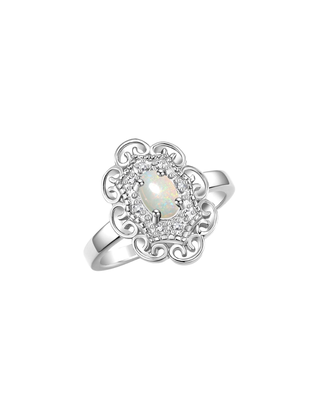 RYLOS Simply Elegant Floral Pattern Opal & Diamond Ring - October Birthstone Jewelry for Women | Perfect Gift for Anniversary, Birthday & Special Occasions