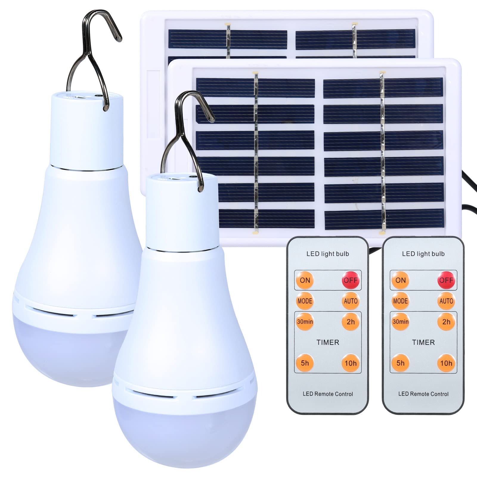 Rechargeable Solar Light Bulbs with Remote & Timer - 4 Mode Solar Powered Lantern for Indoor/Outdoor Use - Perfect for Chicken Coops, Hurricane Emergency Lighting, Hiking, Camping & Backyard (White, 300lm, 2-Pack) - Ideal for Power Outages, Sheds, Patios & Outdoor Adventures