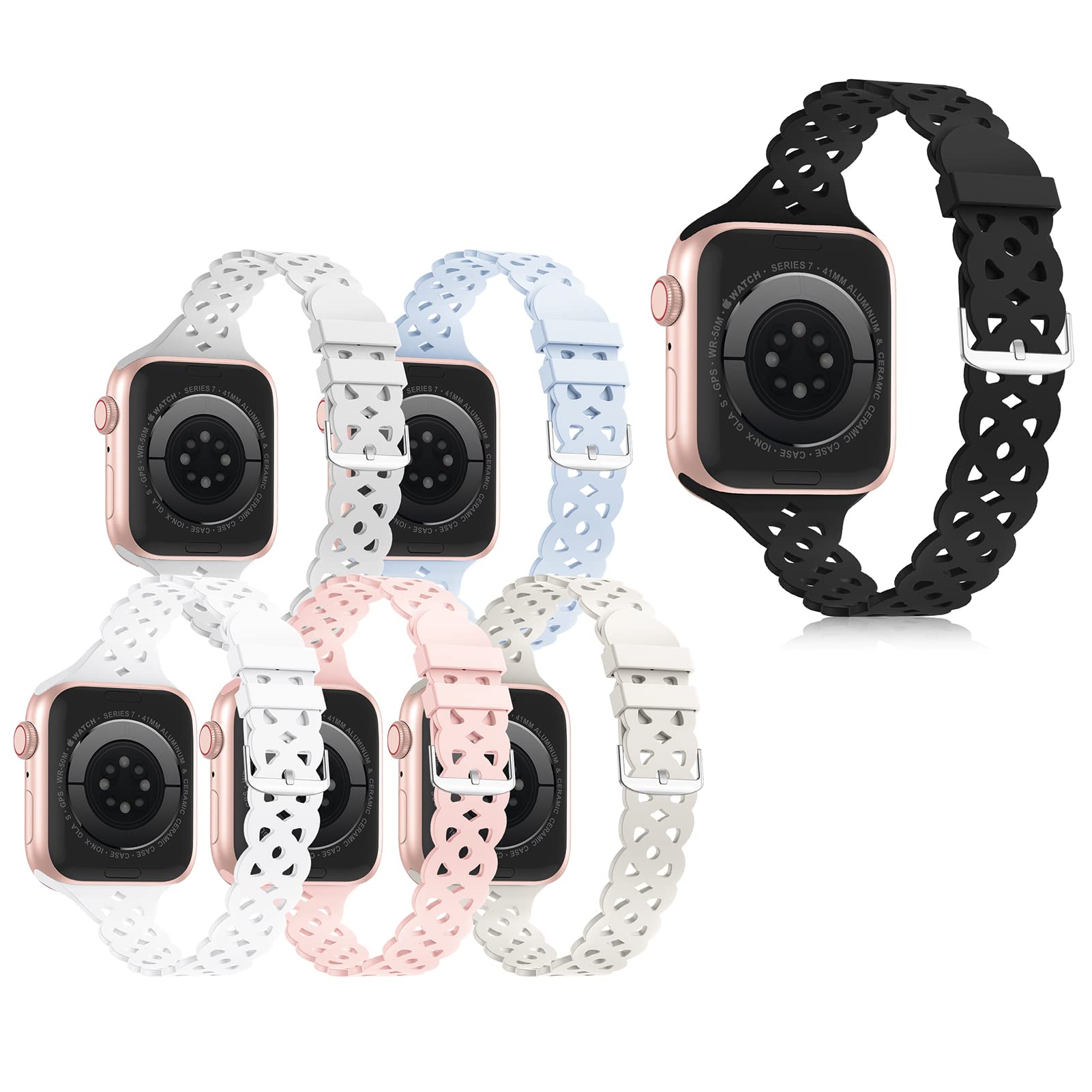 Seizehe (5+1 Pack) Lace Silicone Apple Watch Bands Compatible with 38mm 40mm 41mm 42mm 44mm 45mm - Slim Breathable Sport Wristbands for Women, iWatch Series 7/6/5/4/3/2/1/SE - Perfect for Workouts, Running & Everyday Wear