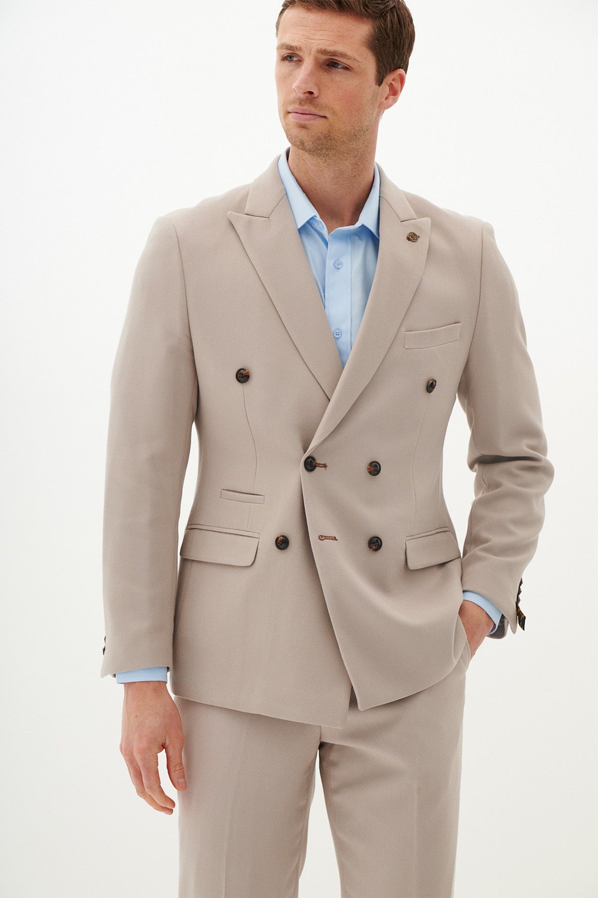 HM5 Stone Double Breasted Two-Piece Suit for Men | Premium Wool Business Suit | Formal Office Wear & Wedding Attire