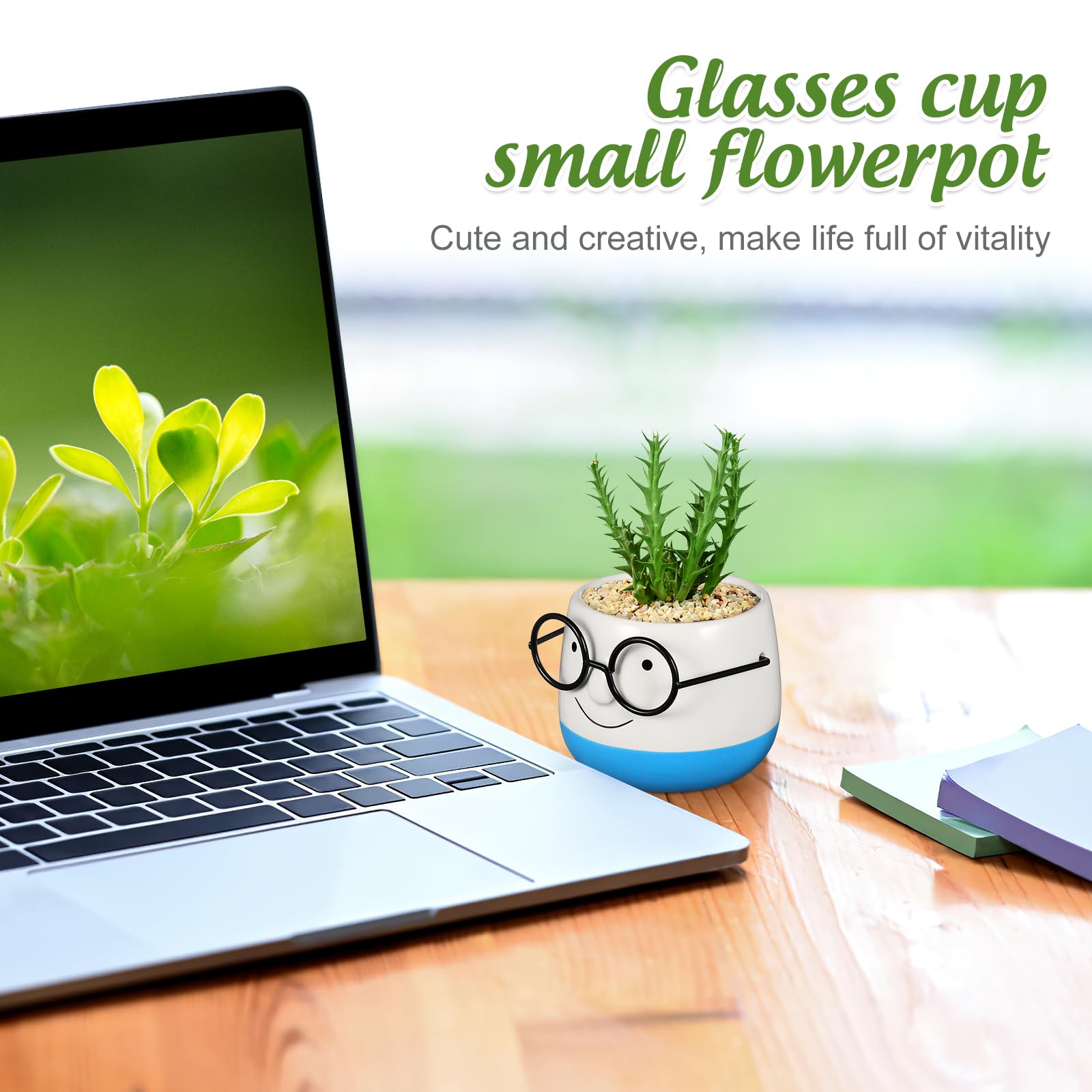 PRETYZOOM Ceramic Plant Pot with Eyeglasses Design - 6 Inch Bonsai Flower Pot, Succulent Planter, Pen Holder & Brush Cup for Home Office Desk Decor | Perfect for Small Plants, Cactus, Office Supplies Organization