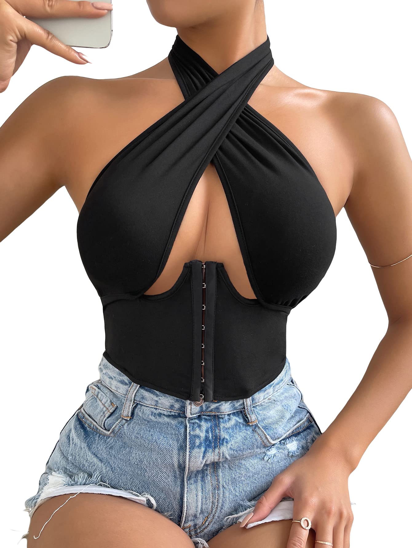 Milumia Women's Criss Cross Backless Halter Top - Sexy Clubwear Sleeveless Crop Top for Night Out | Summer Party, Beach Vacation, Date Night Outfit
