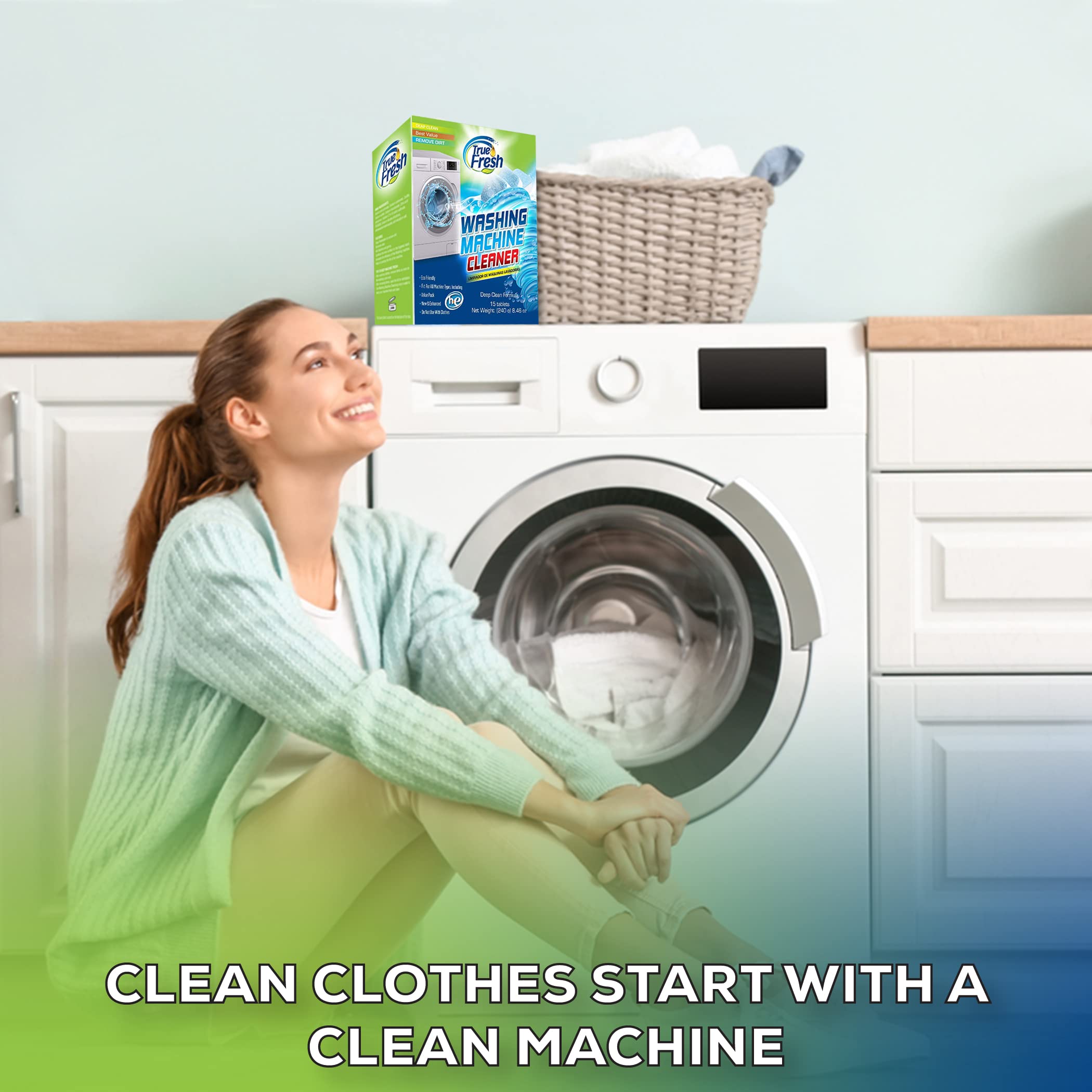 True Fresh Washing Machine Cleaner Tablets - 15 Pack Deep Cleaning Descaler for HE Front Load & Top Load Washers | Removes Mold, Odor & Residue | Safe for All Washing Machines | Perfect for Monthly Maintenance & Laundry Day Prep