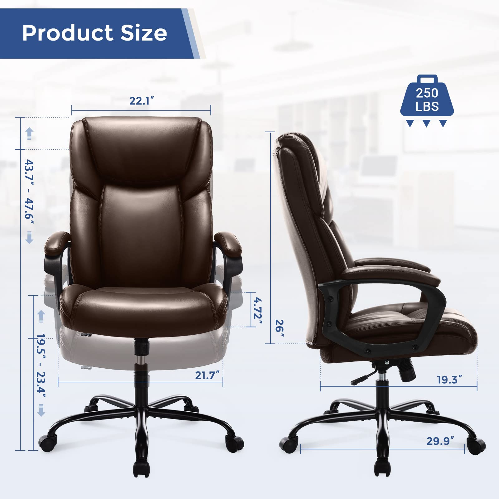 Ergonomic High Back Executive Office Chair - Adjustable PU Leather Managerial Swivel Task Chair with Lumbar Support for Home & Office Use, Brown - Perfect for Long Work Hours, Video Conferencing and Computer Workstations