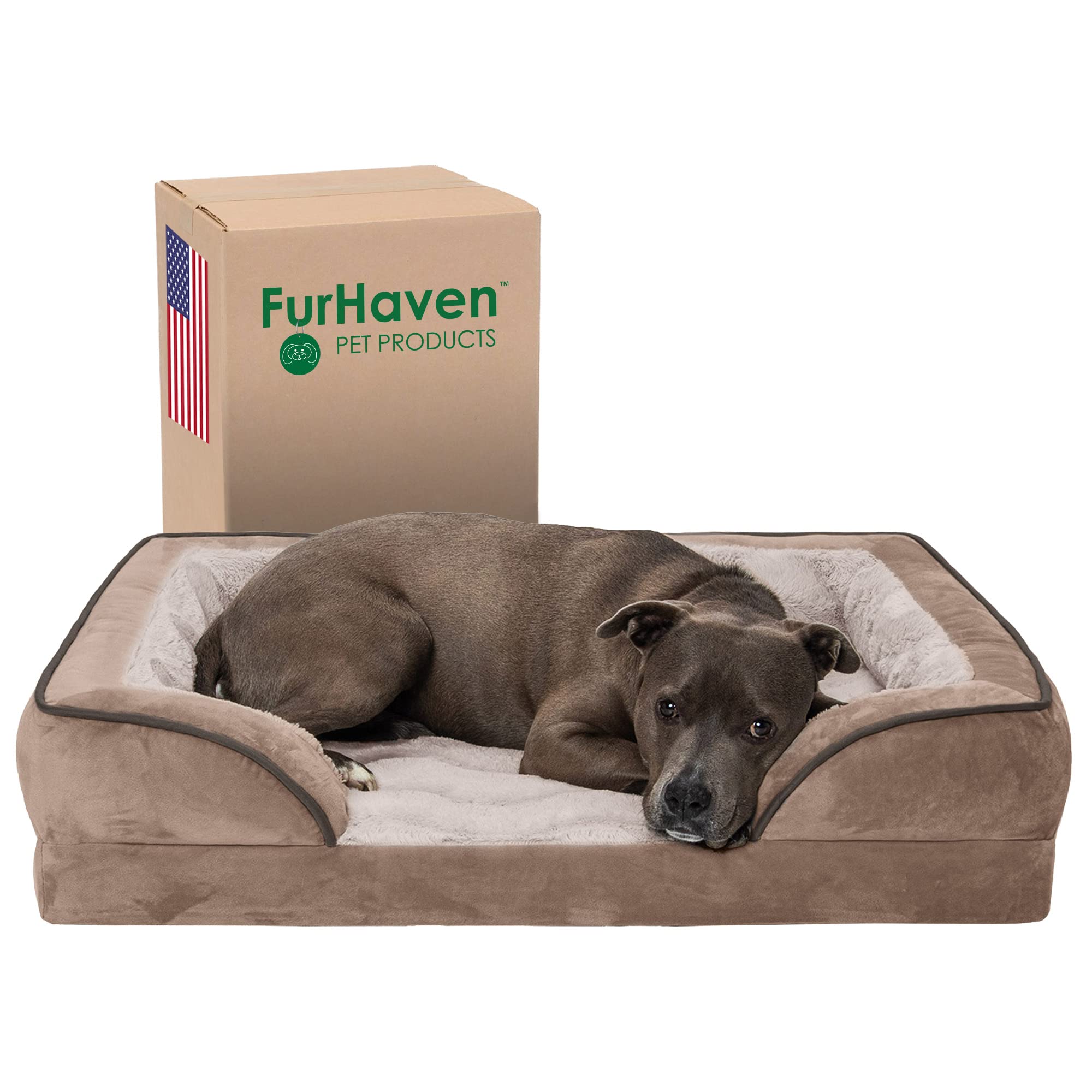 **Furhaven Orthopedic Dog Bed for Large & Medium Dogs - Plush Velvet Waves Sofa with Removable Bolsters & Washable Cover - Supports Up to 55 lbs - Brownstone (Large) - Perfect for Living Room, Bedroom, or Pet-Friendly Spaces**