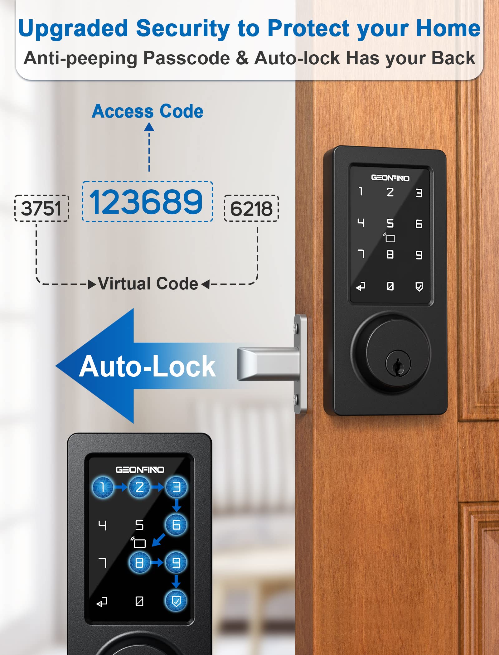 GEONFINO Smart Lock with WiFi & Bluetooth - Keyless Entry, Touchscreen Keypad, Auto Lock & Alexa Voice Control - Secure Your Home (Black) - Perfect for Smart Homes, Vacation Rentals & Airbnb Properties