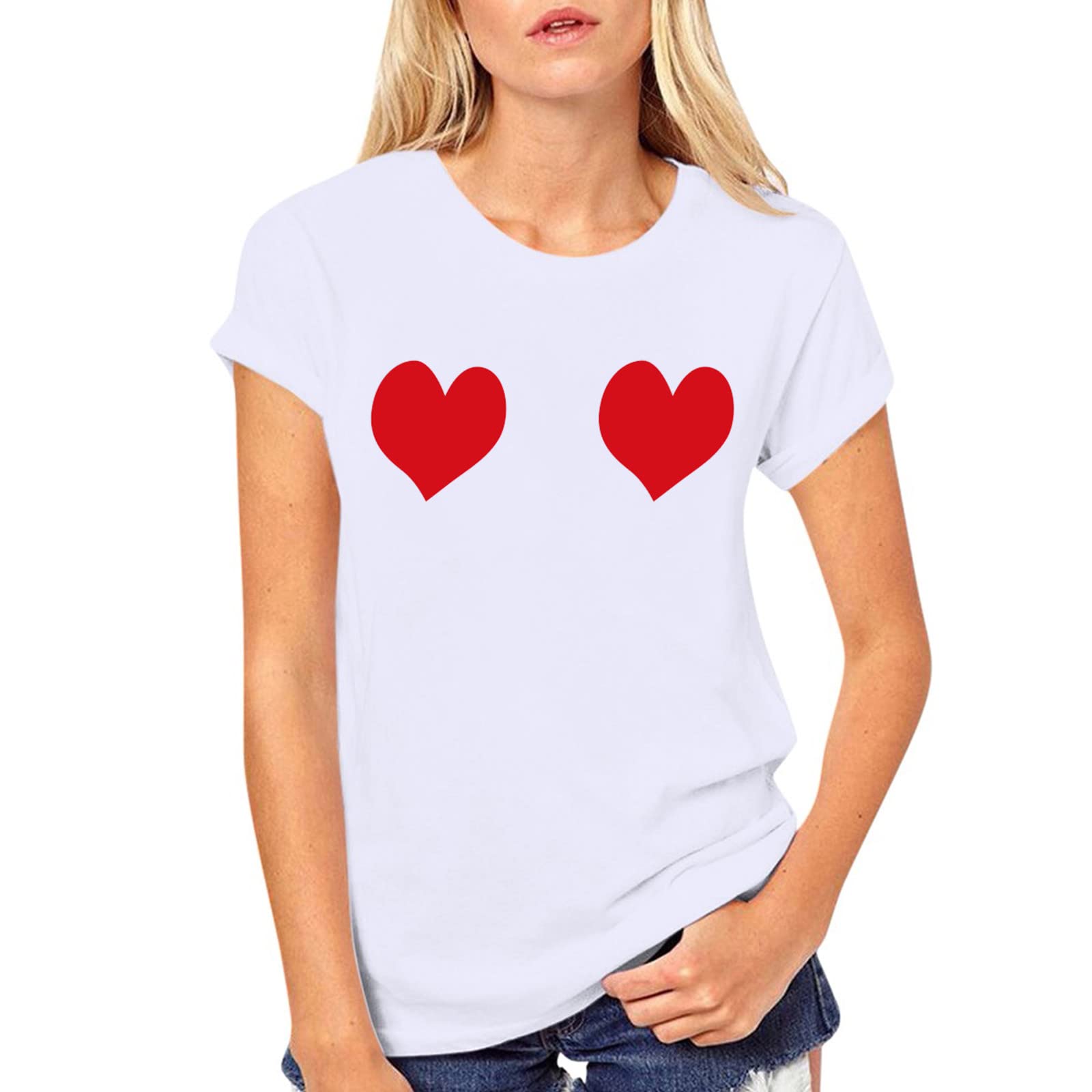 Valentine's Day Couple Tops for Women - Casual Short Sleeve Love Print Blouse with Heart Neck Design (White, L) | Perfect for Date Nights, Anniversaries & Romantic Occasions