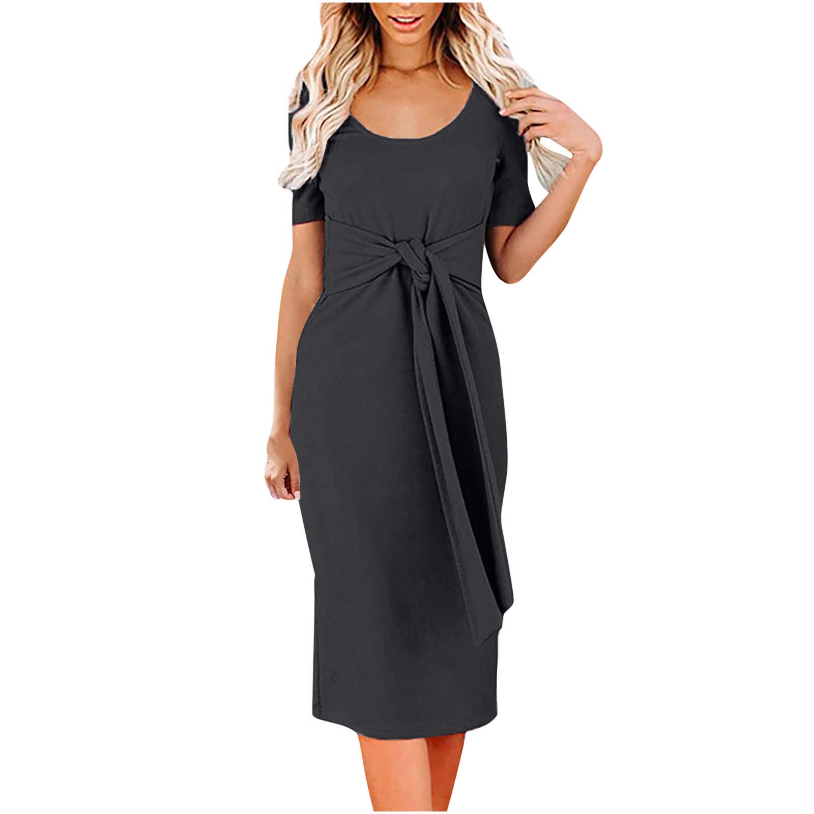 Women's Midi Wrap Dress - Casual Solid Color Crewneck Slim Pencil Dress for Summer | Comfortable Knit Short Sleeve Dress with Slit & Belt | Perfect for Office Wear, Date Night & Summer Vacations