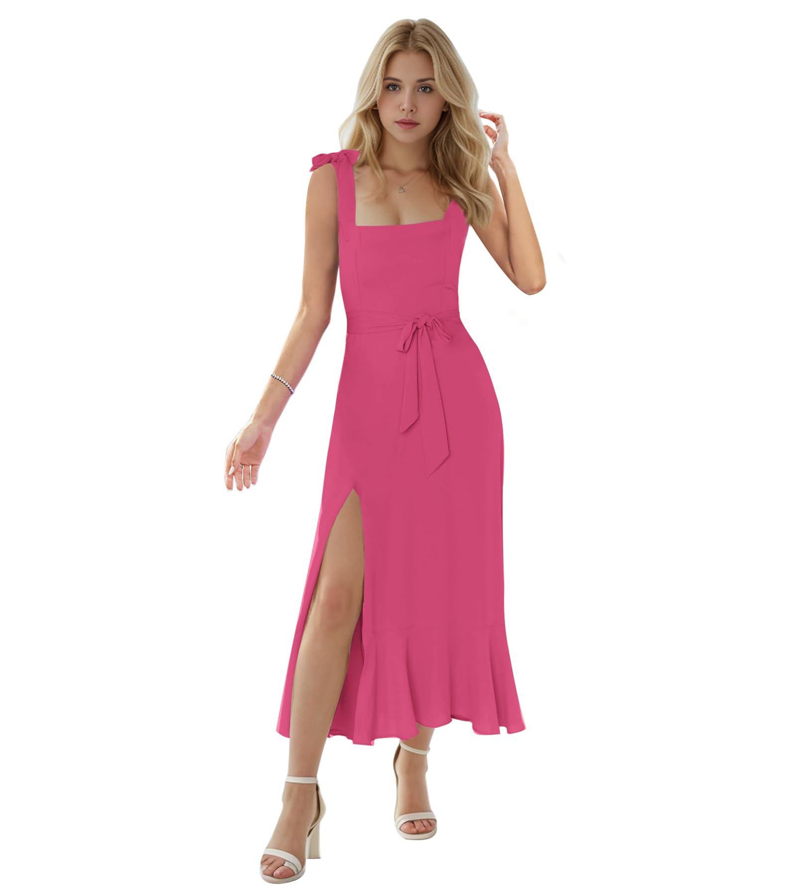 Elegant Women's Midi Dress with Square Neck & Side Slit - Ruffle Smock Design for Wedding Guest, Evening Party & Formal Occasions | Flowy Summer Dress for Bridal Shower, Cocktail Party & Special Events