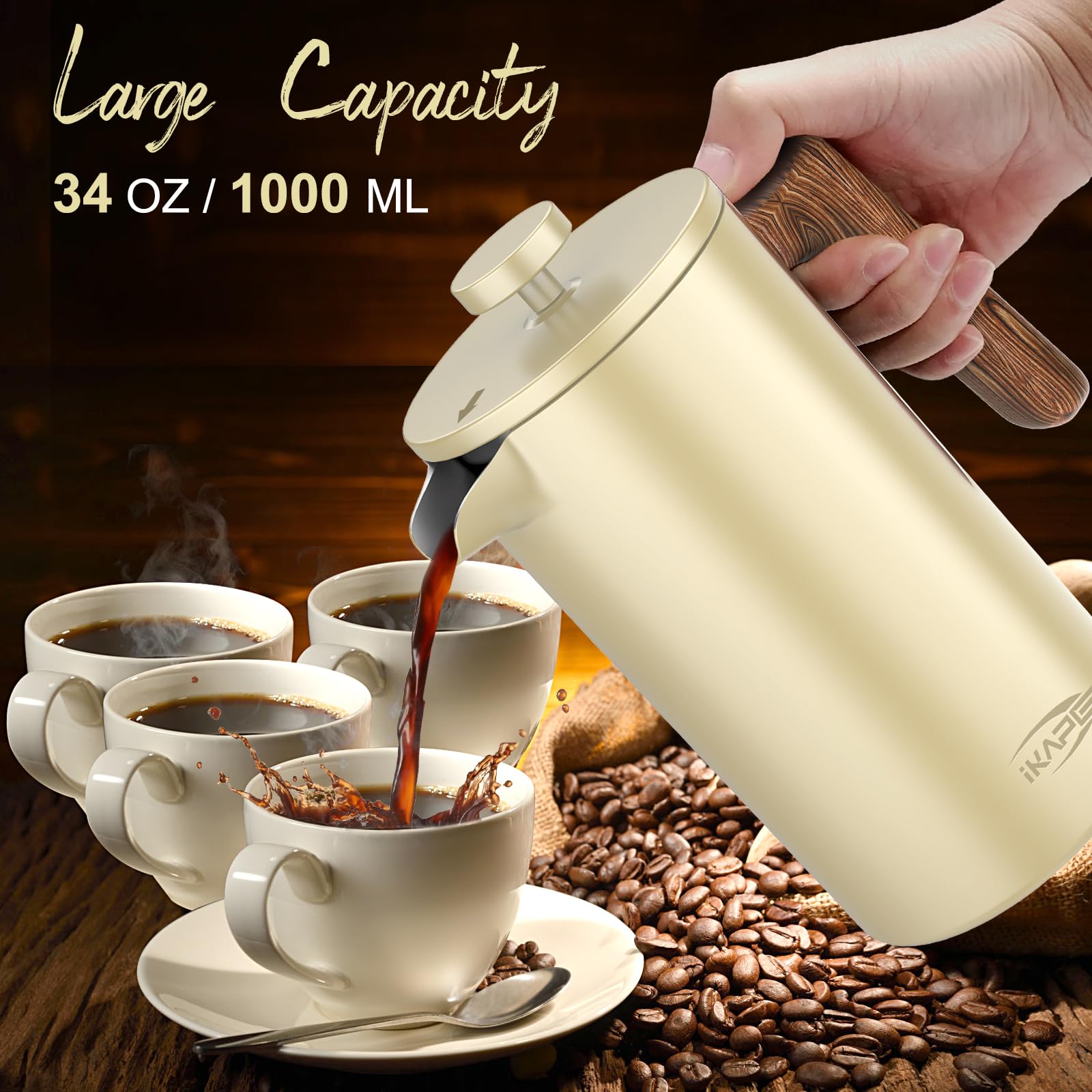 IKAPE 34 OZ French Press Coffee Maker - 304 Stainless Steel Espresso & Tea Brewer with 4-Level Filtration System (Yellow) | Perfect for Home, Office & Camping Use