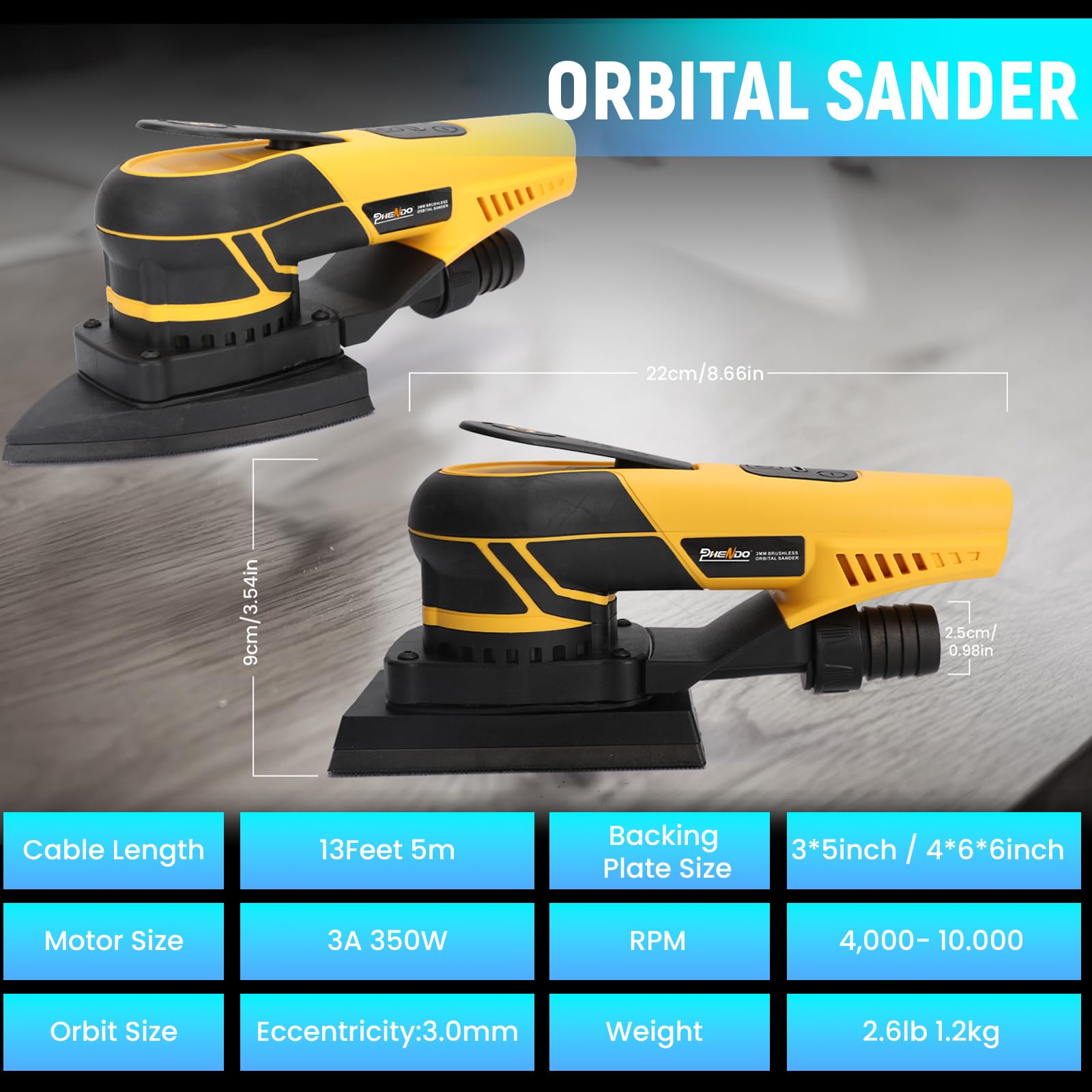 350W 3A Electric Random Orbital Sander - Professional Woodworking Mouse Sander with 3mm Orbit & Detachable Power Cord - Perfect for Sanding Wood, Panels, Furniture & DIY Projects