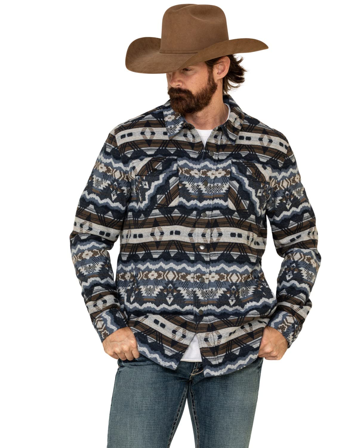 Rock & Roll Denim Jacket for Men - Vintage Indigo Aztec Print Shirt Jacket | Casual Outerwear for Concerts, Festivals & Street Style