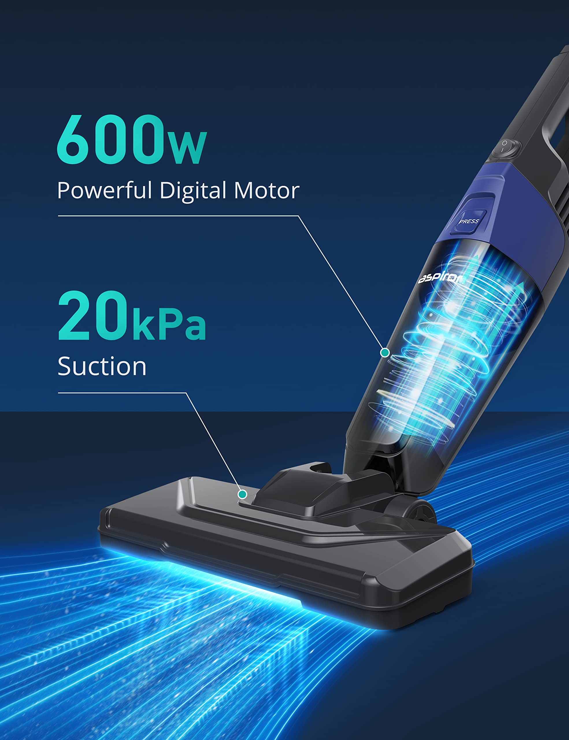 Aspiron Stick Vacuum Cleaner - 20kPa Powerful Suction, 0.88QT Dust Cup & 16ft Cord | 5-in-1 Lightweight Handheld Bagless Vacuum for Carpets, Floors & Pet Hair | Perfect for Home, Car & Stair Cleaning