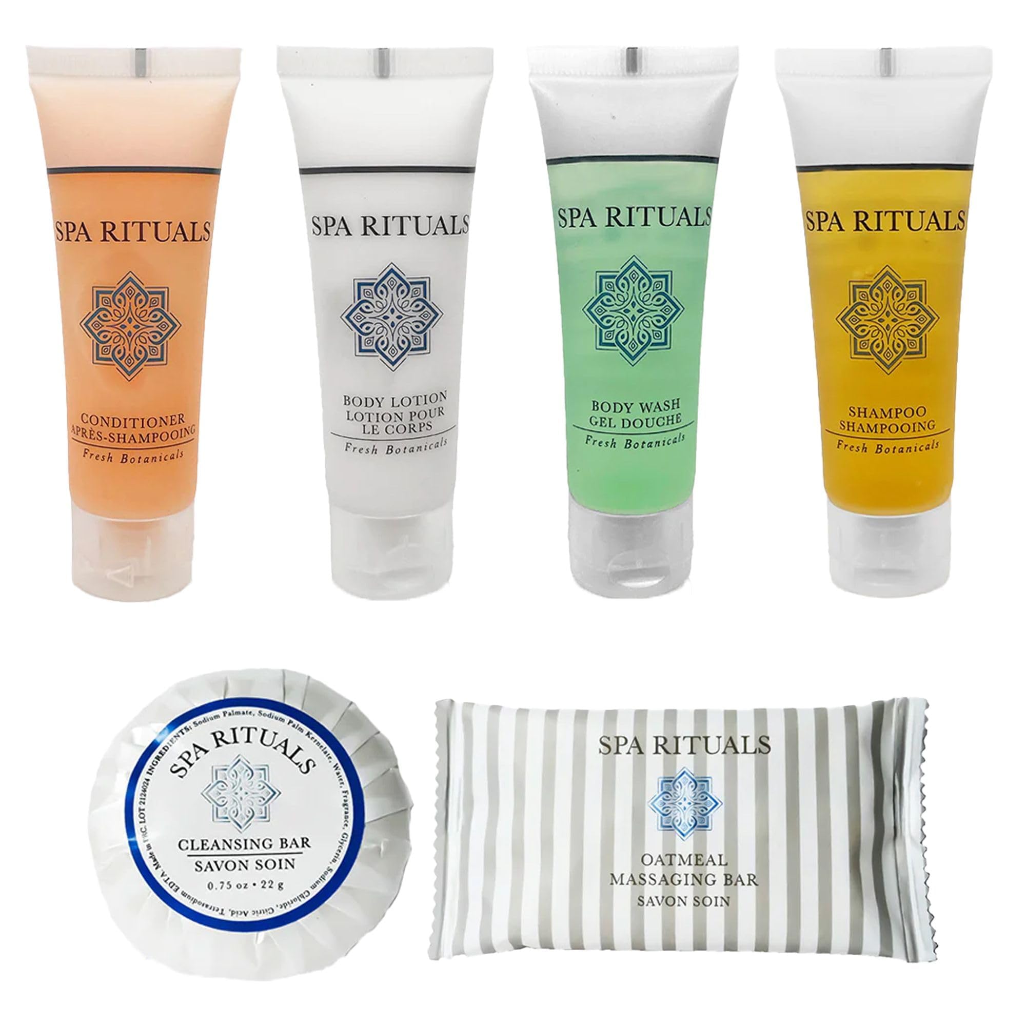 Mini Travel Size Spa Rituals Toiletries Kit - Shampoo, Conditioner, Body Wash, Lotion, Cleansing Bar & Massage Bar | Fresh Botanicals Collection | Perfect for Vacation, Gym & Hotel Stays